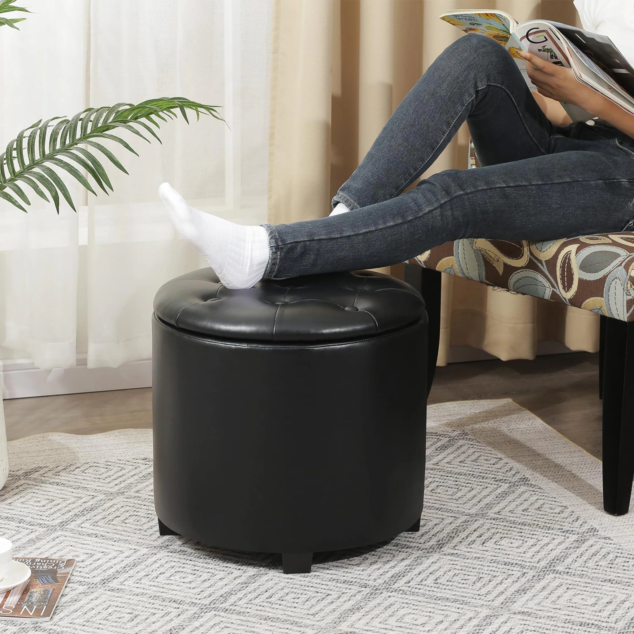 Adeco Black With Black Legs Tufted Velvet Round Storage Ottoman – lifestyle room view