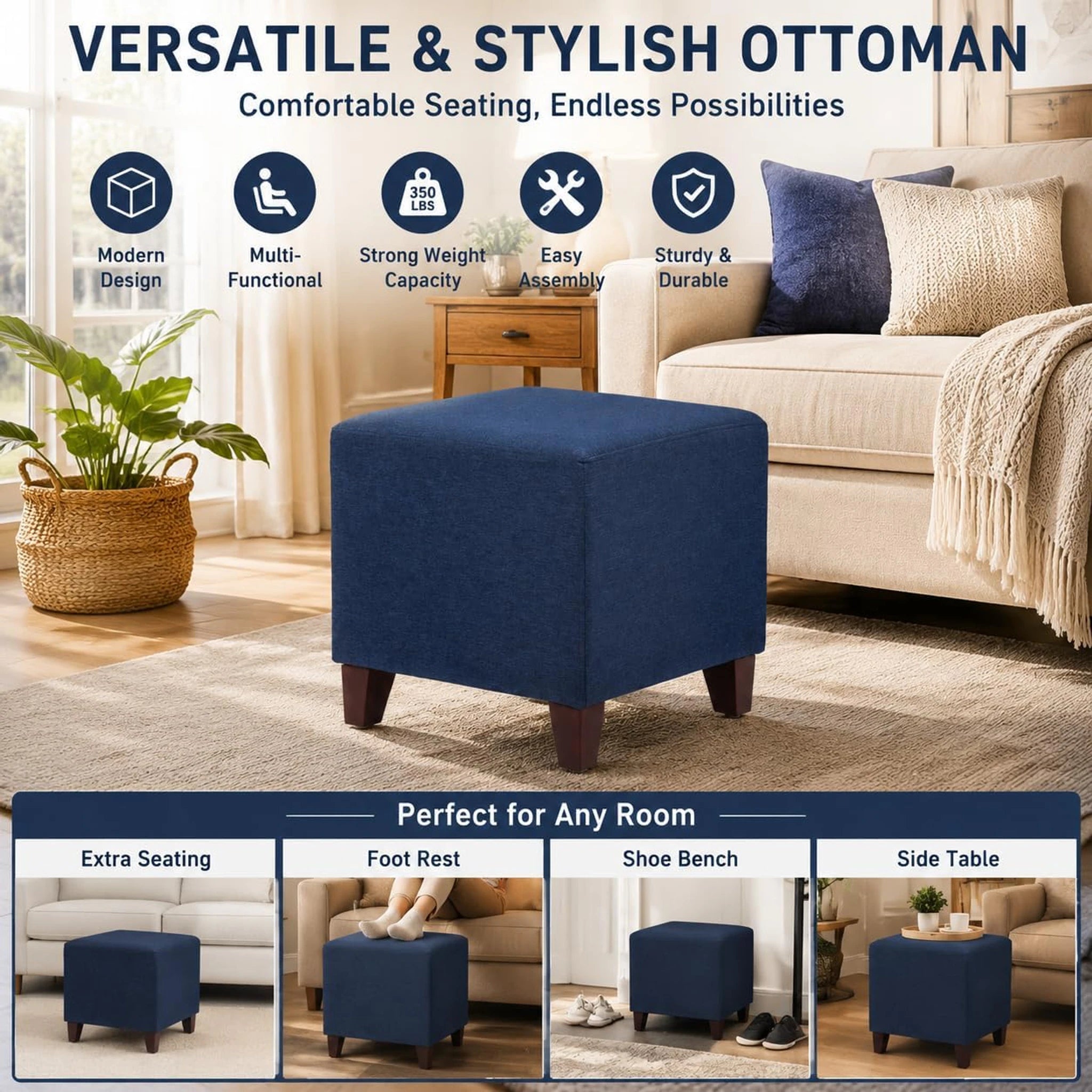 Adeco Blue Linen Square Vanity Stool – lifestyle room view