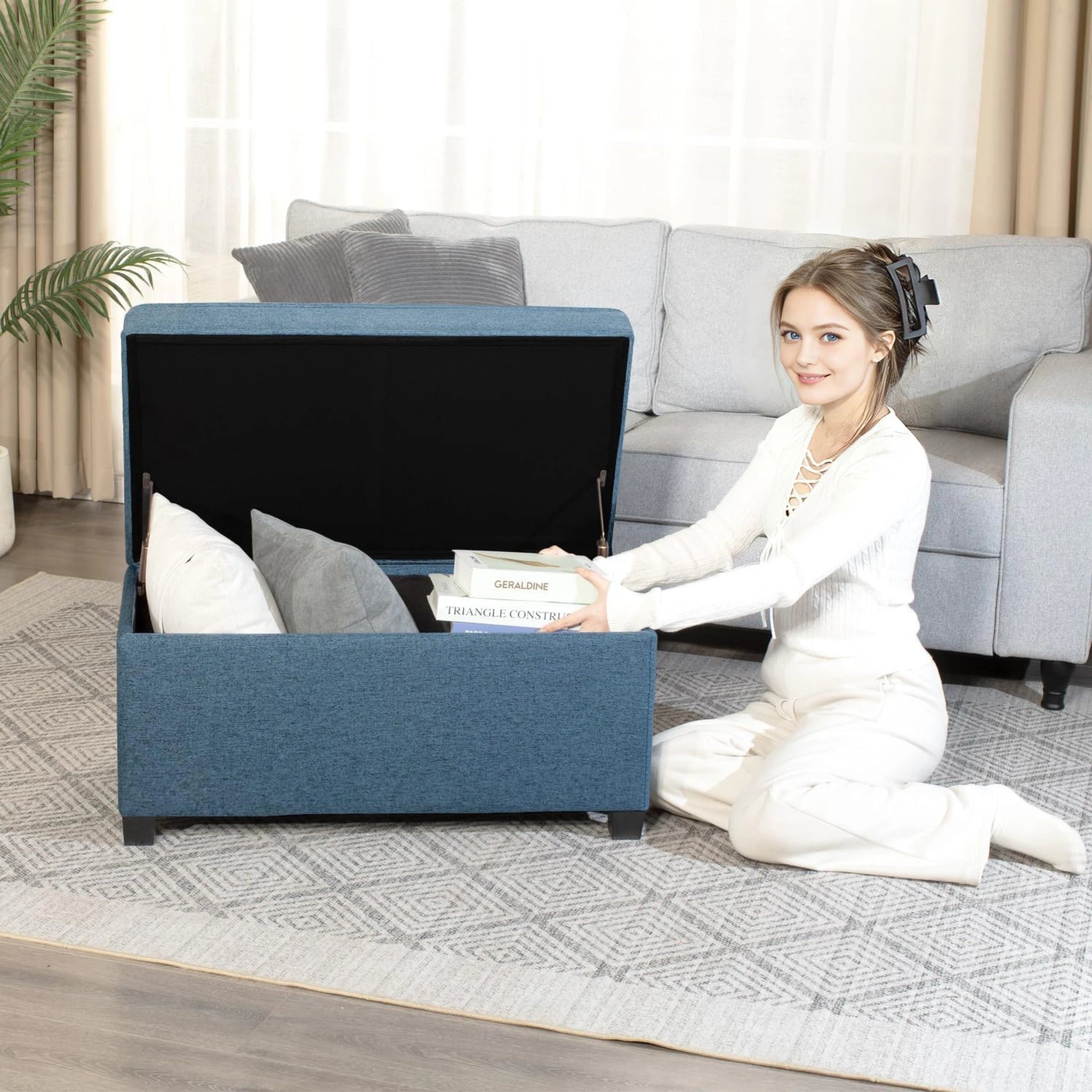 Adeco Blue Linen Storage Ottoman Bench – lifestyle room view