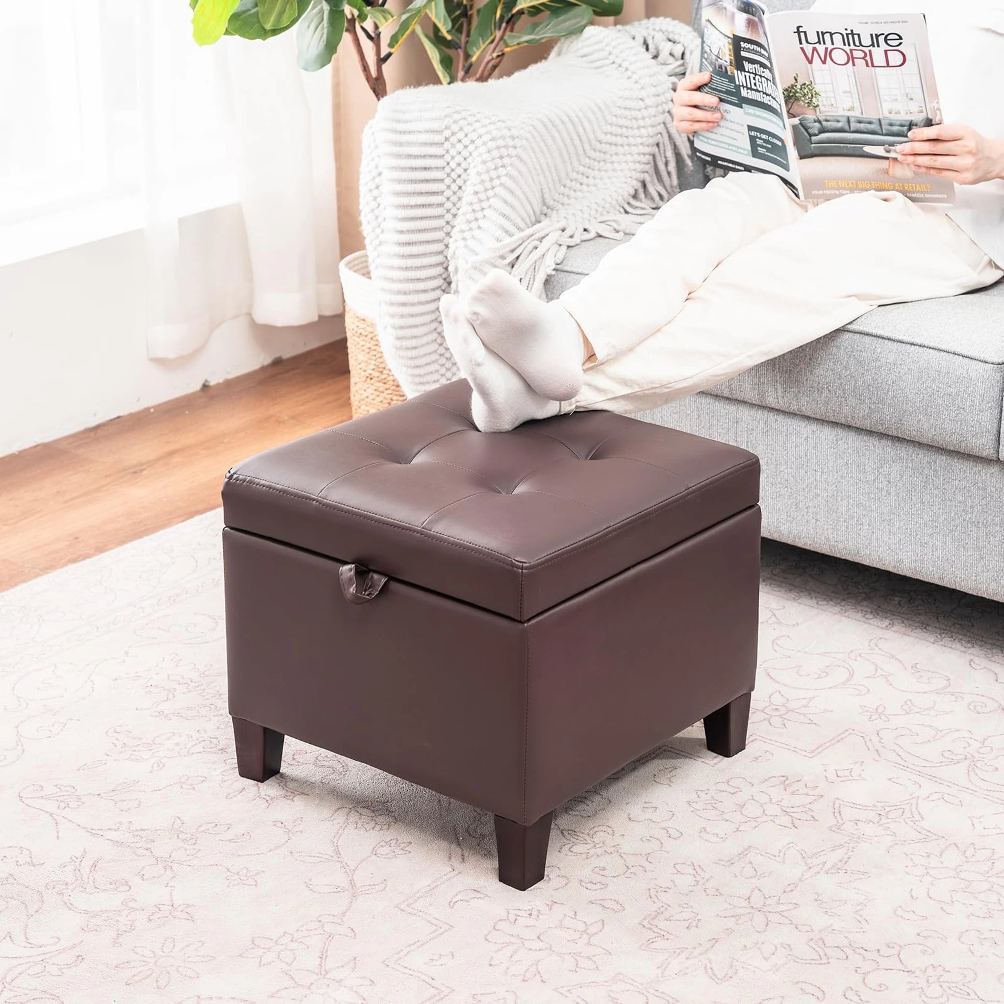 Adeco Chocolate Brown Faux Leather Square Storage Ottoman – lifestyle room view