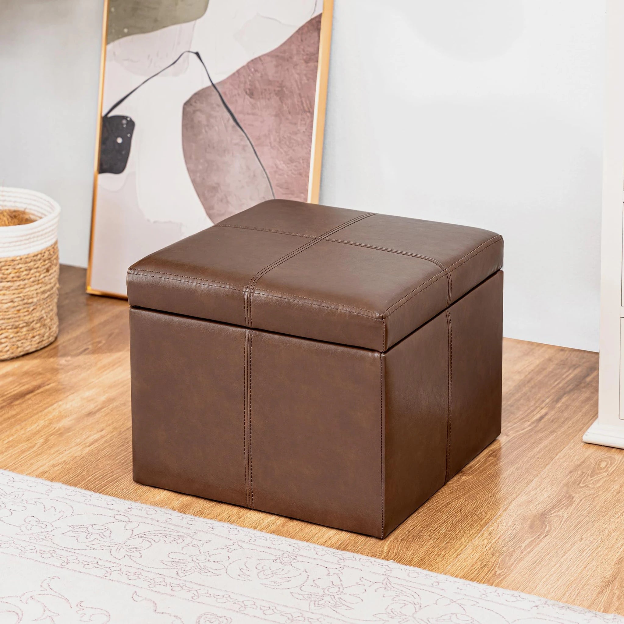 Adeco Coffee Brown Legless Faux Leather Storage Ottoman – lifestyle room view