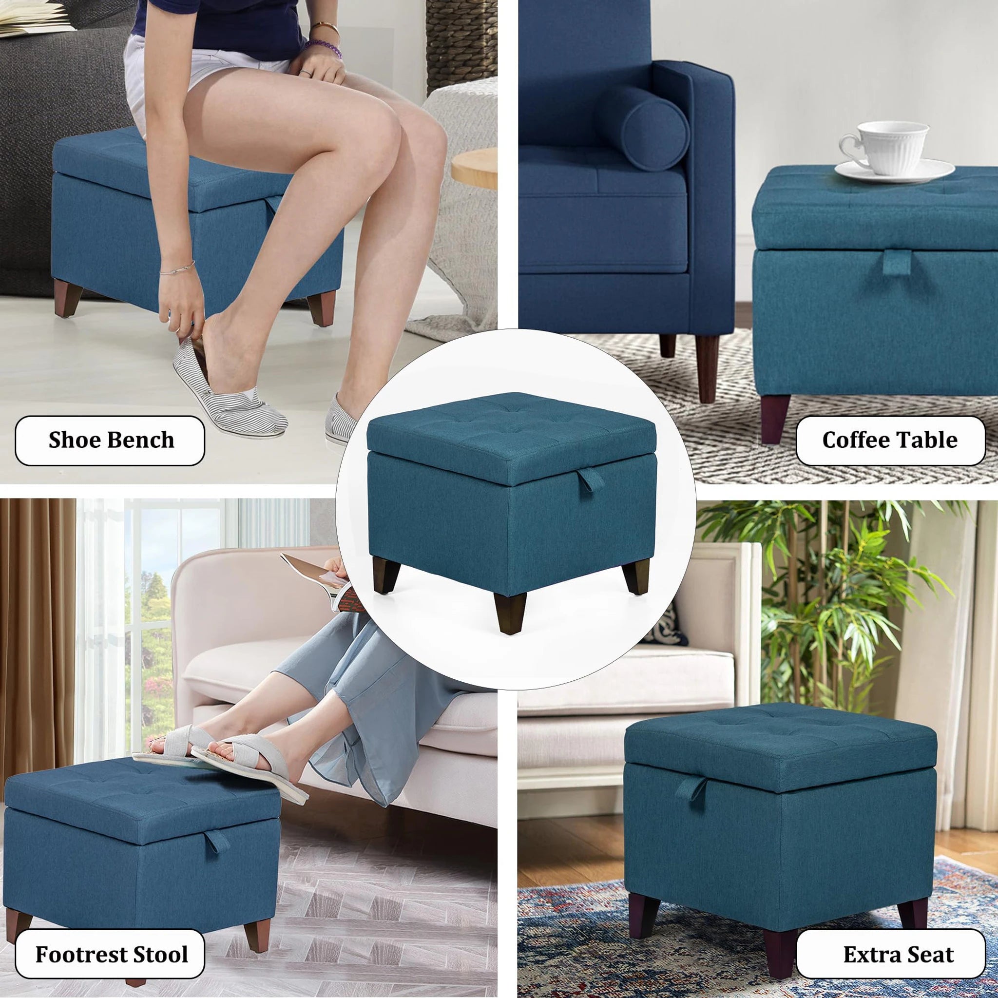 Adeco Deep Blue Fabric Storage Ottoman – lifestyle room view