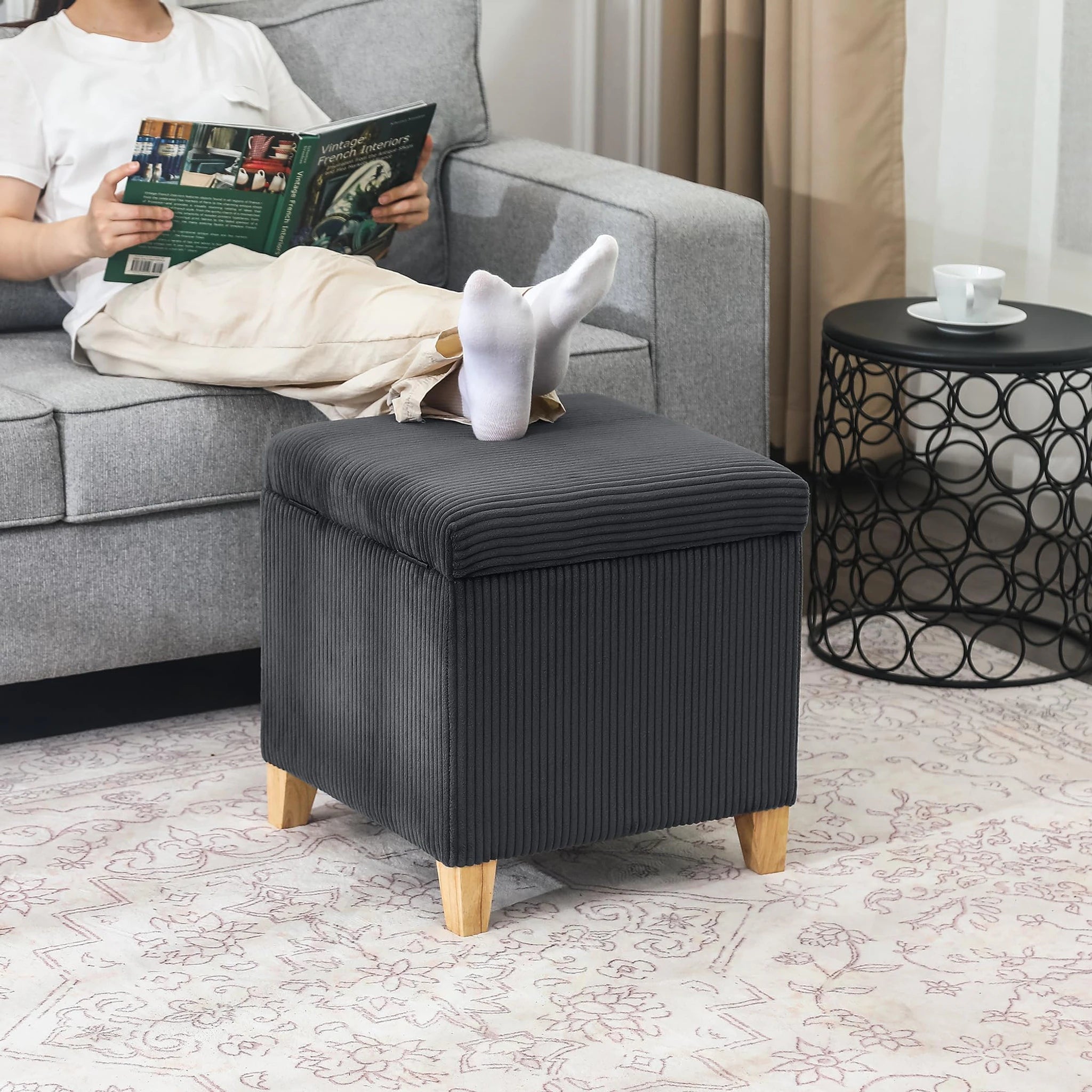 Adeco Fluffy Striped Grey Fabric Square Storage Ottoman – lifestyle room view