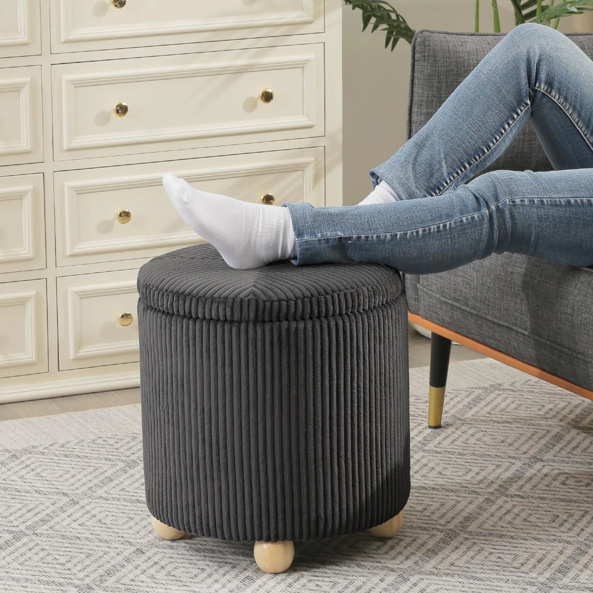 Adeco Gray Tufted Velvet Round Storage Ottoman – lifestyle room view