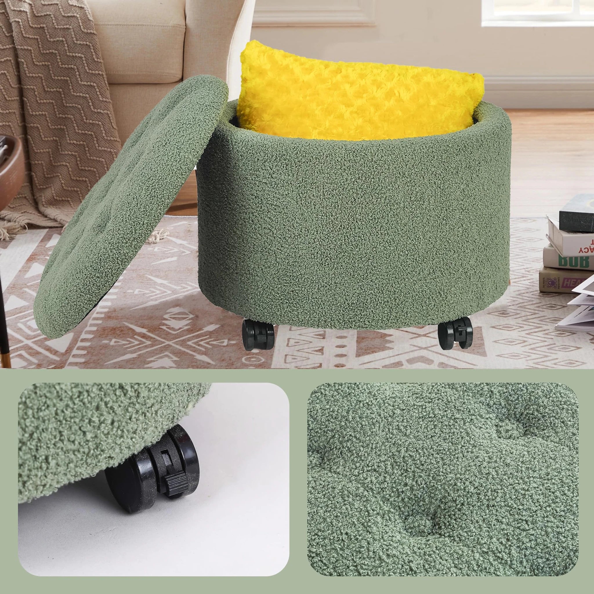 Adeco Green Teddy With Wheels Tufted Fabric Round Storage Ottoman – lifestyle room view