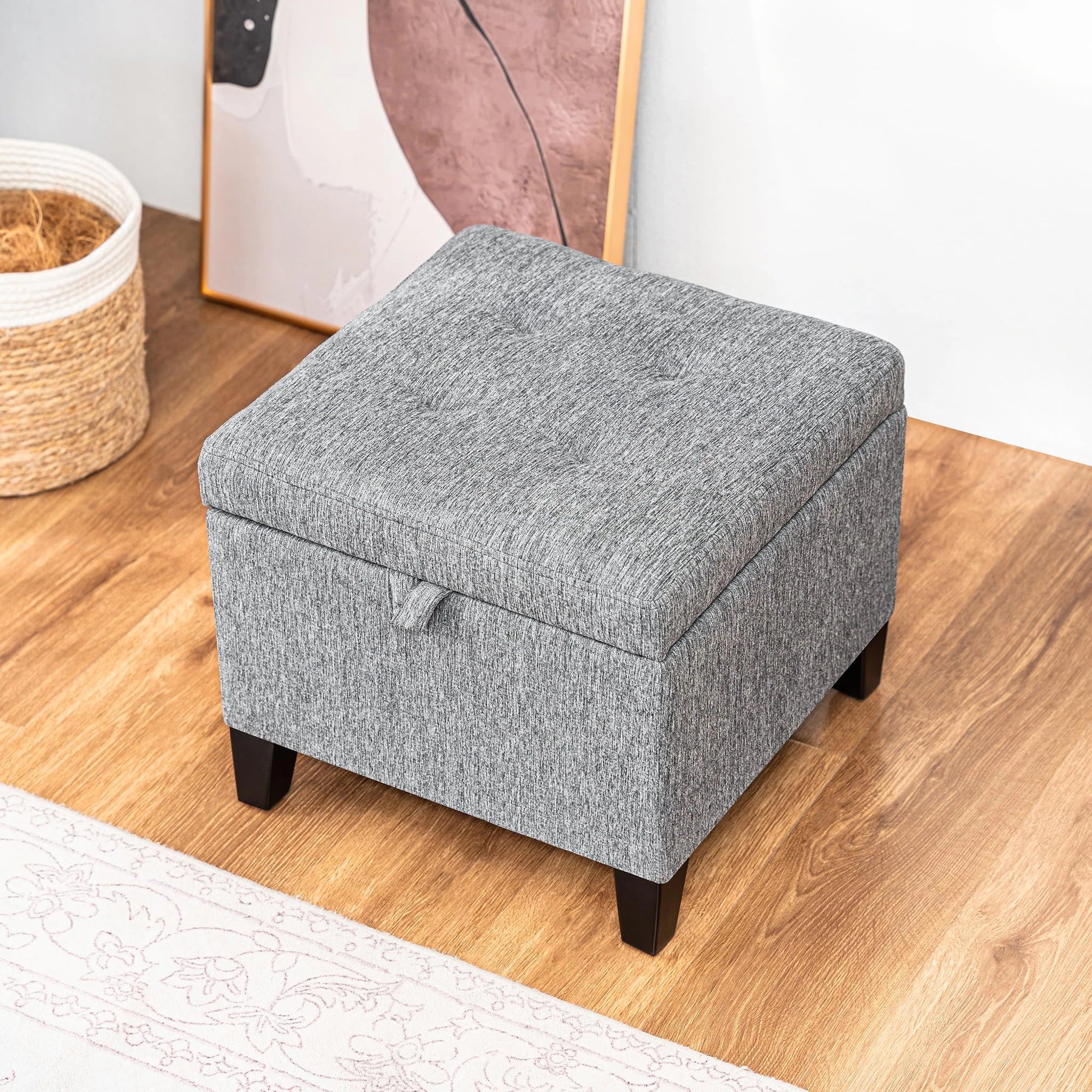 Adeco Grey With Wood Legs Fabric Storage Ottoman – lifestyle room view