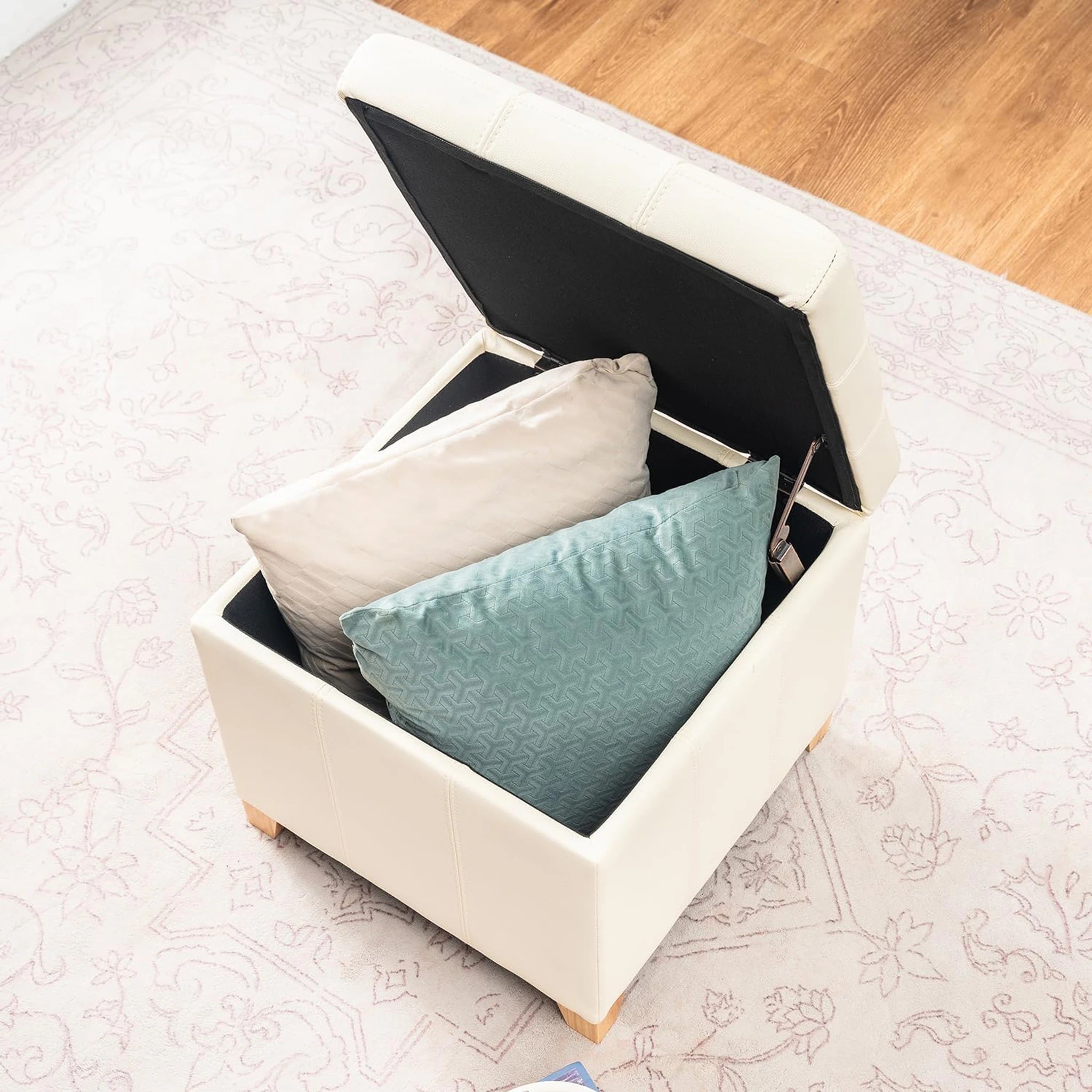Adeco Light Yellow Ivory Tufted Faux Leather Square Storage Ottoman – lifestyle room view