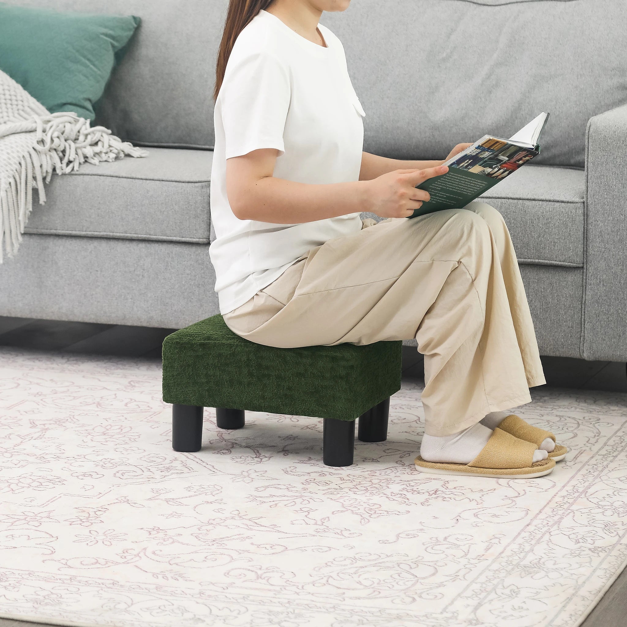 Adeco Olive Green Faux Leather Storage Ottoman – lifestyle room view