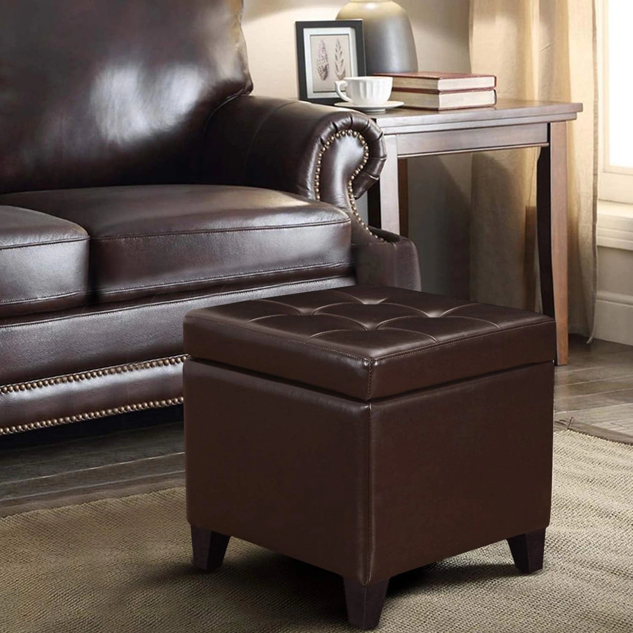 Adeco Vitage Brown Tufted Faux Leather Square Storage Ottoman – lifestyle room view