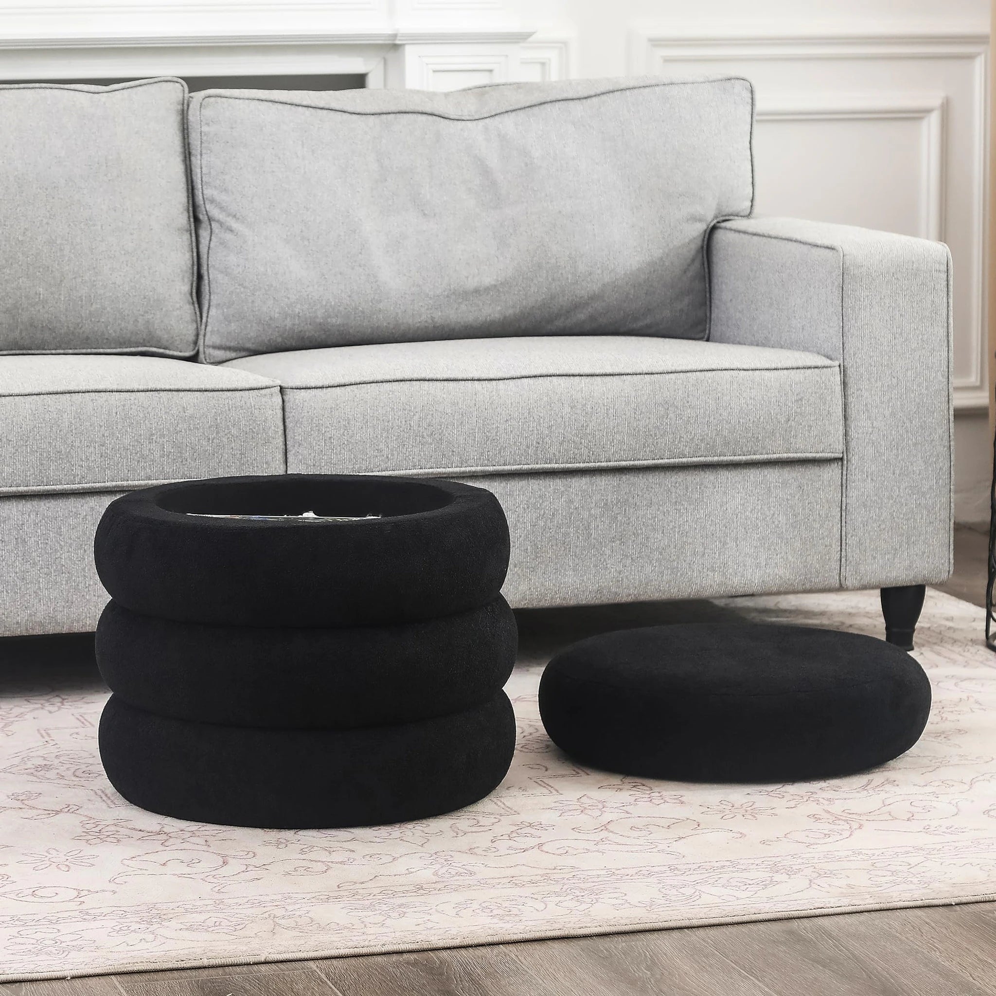 ASense Black Fabric Round Storage Ottoman – lifestyle room view