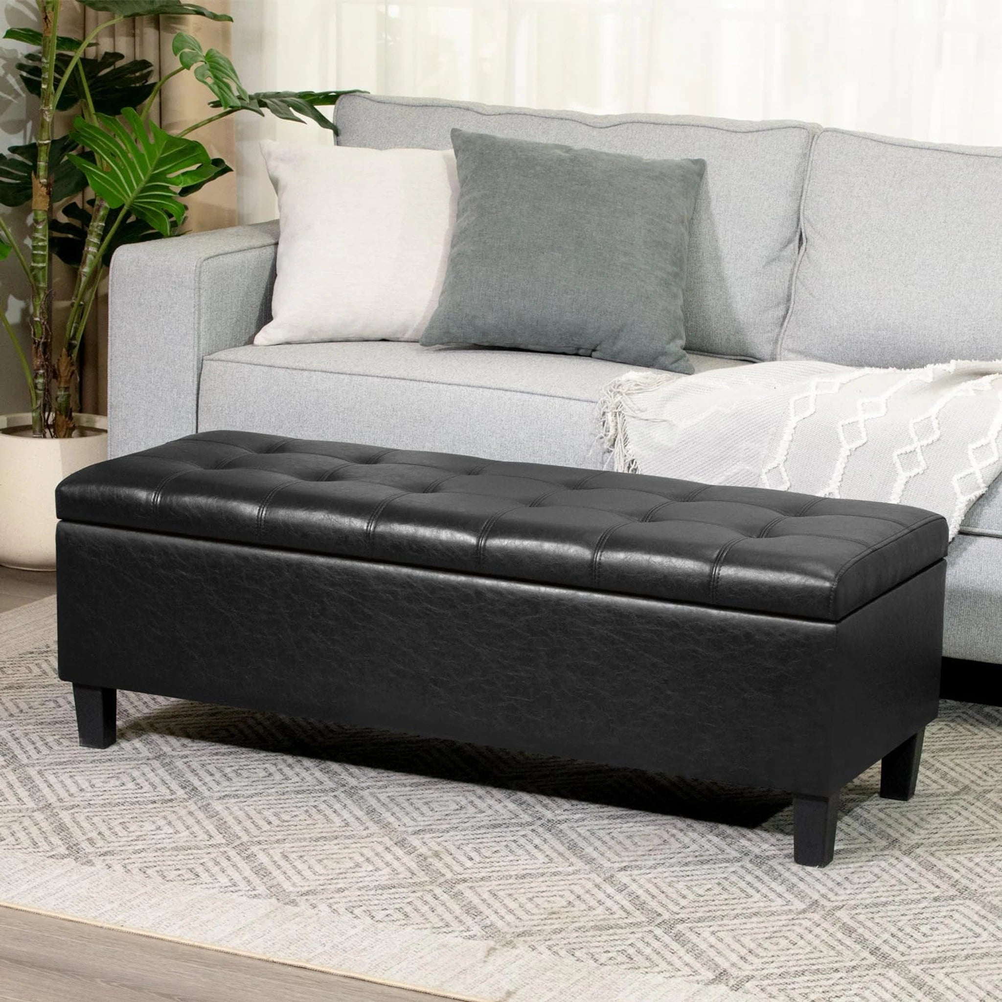ASense Black Tufted Linen Storage Ottoman Bench – lifestyle room view