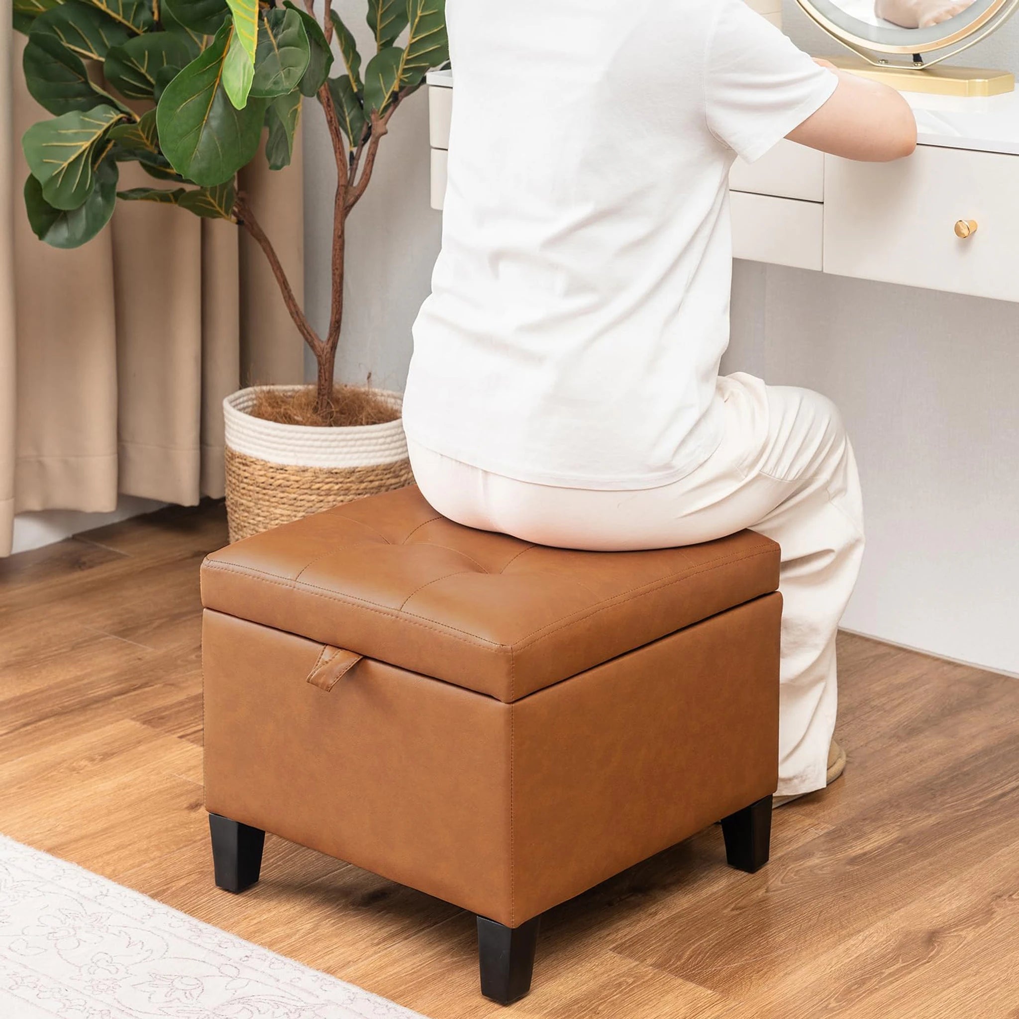 ASense Brown Orange Faux Leather Square Storage Ottoman – lifestyle room view