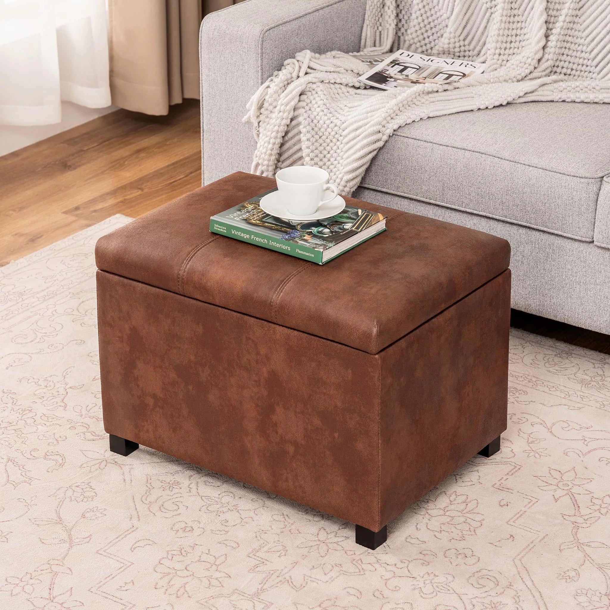 ASense Coffee Brown Faux Le Faux Leather Storage Ottoman – lifestyle room view