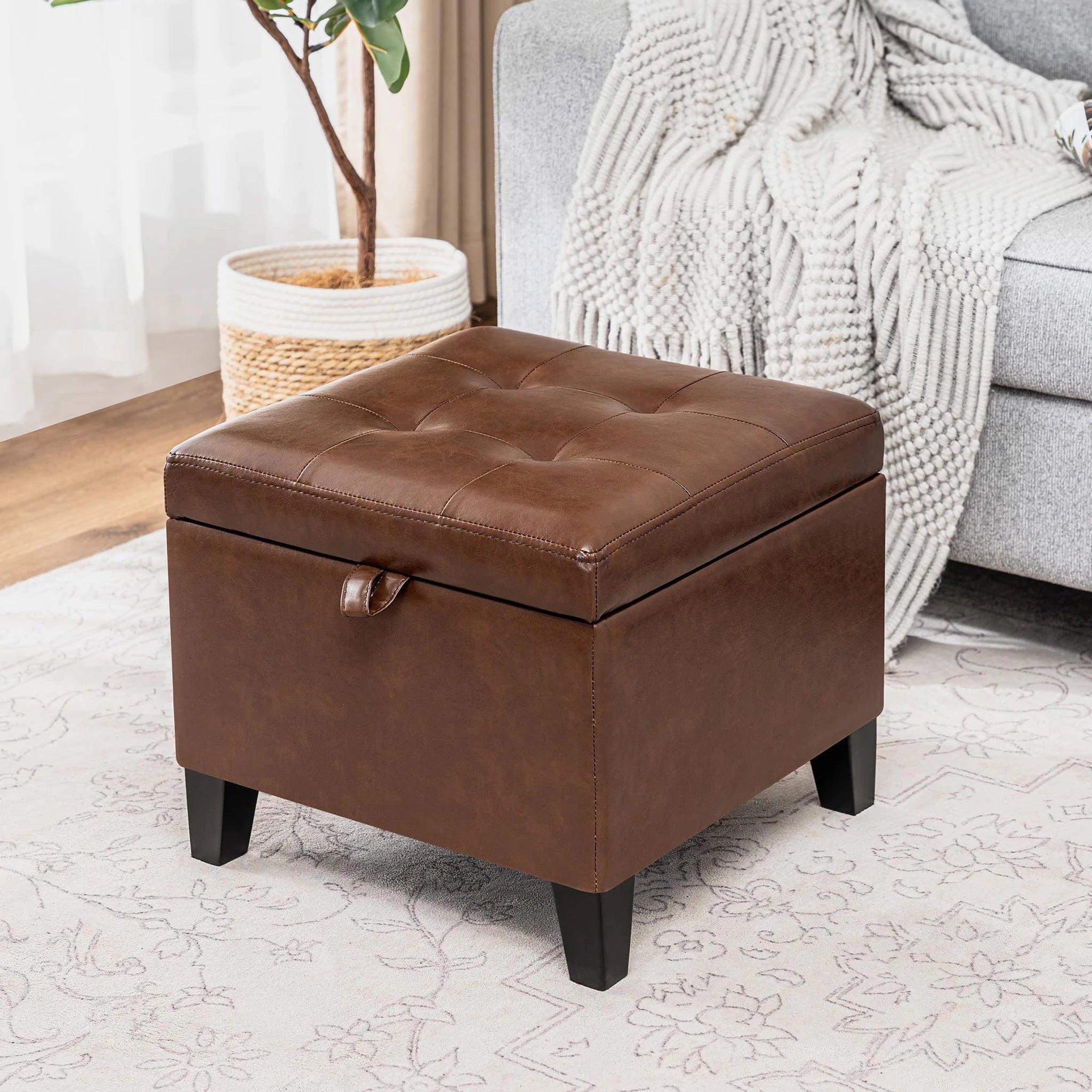 ASense Coffee Faux Leather Square Storage Ottoman – lifestyle room view