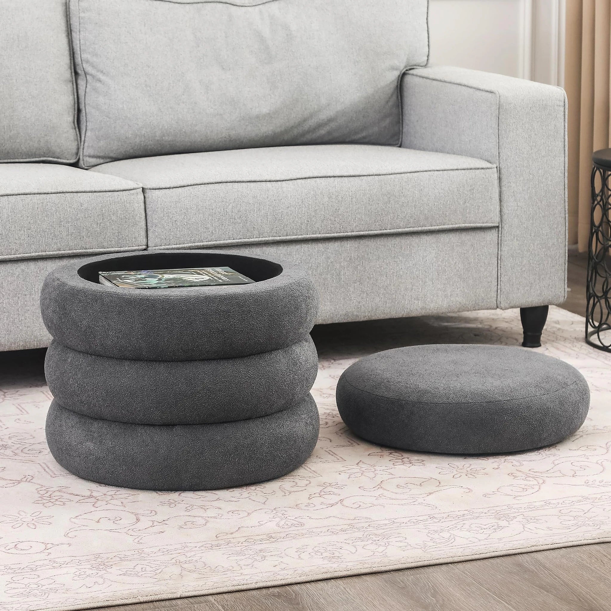 ASense Dark Grey Fabric Round Storage Ottoman – lifestyle room view