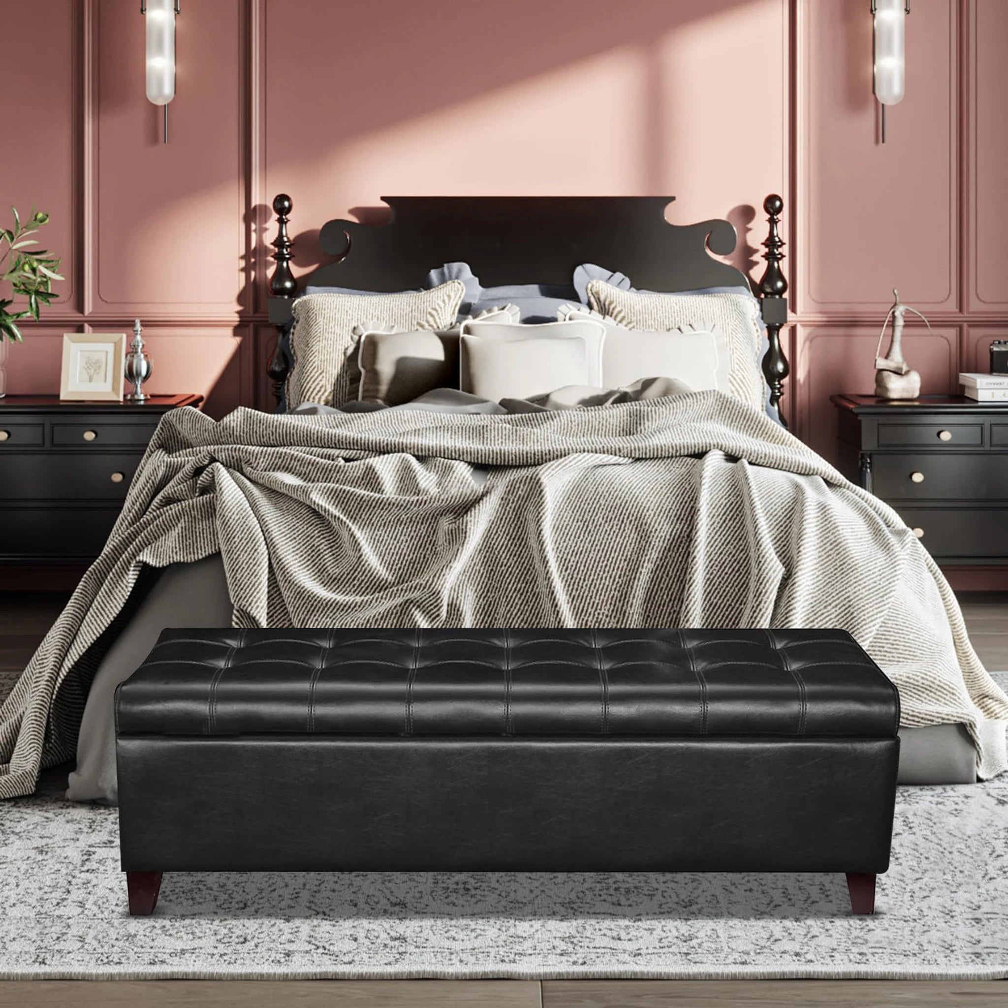 ASense Faux Leather Black (15.7"H) Tufted Faux Leather Storage Ottoman Bench – lifestyle room view