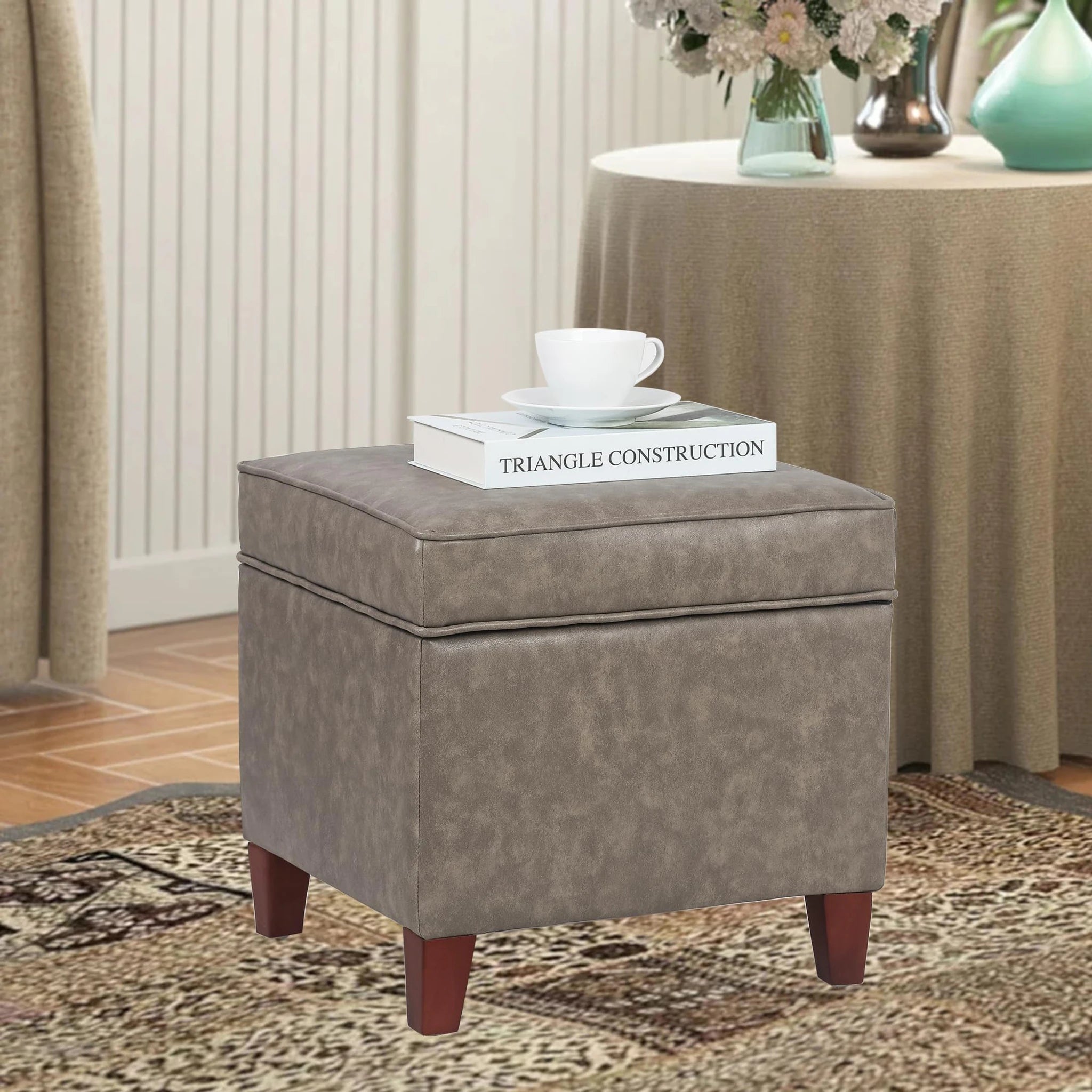 ASense Grey Linen Square Storage Ottoman – lifestyle room view