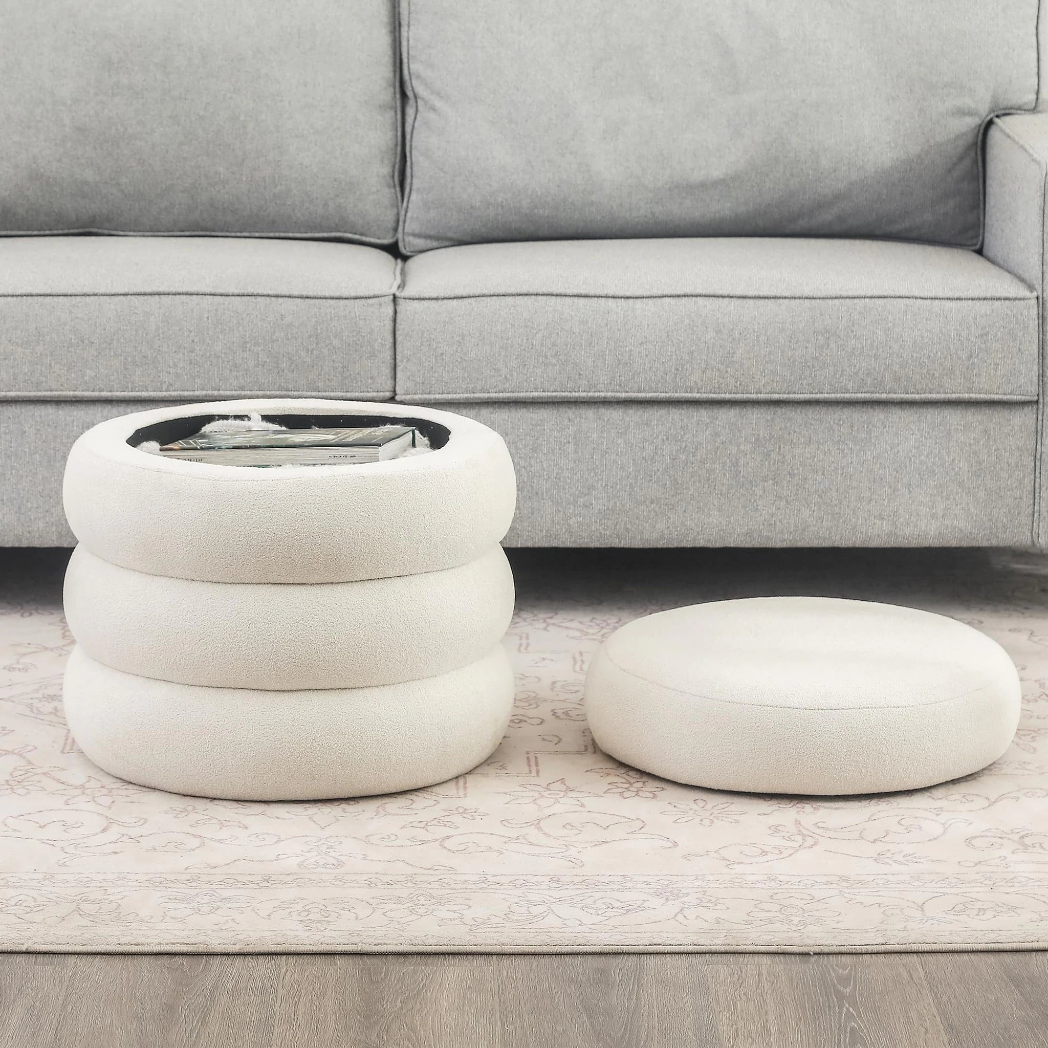 ASense Ivory Fabric Round Storage Ottoman – lifestyle room view