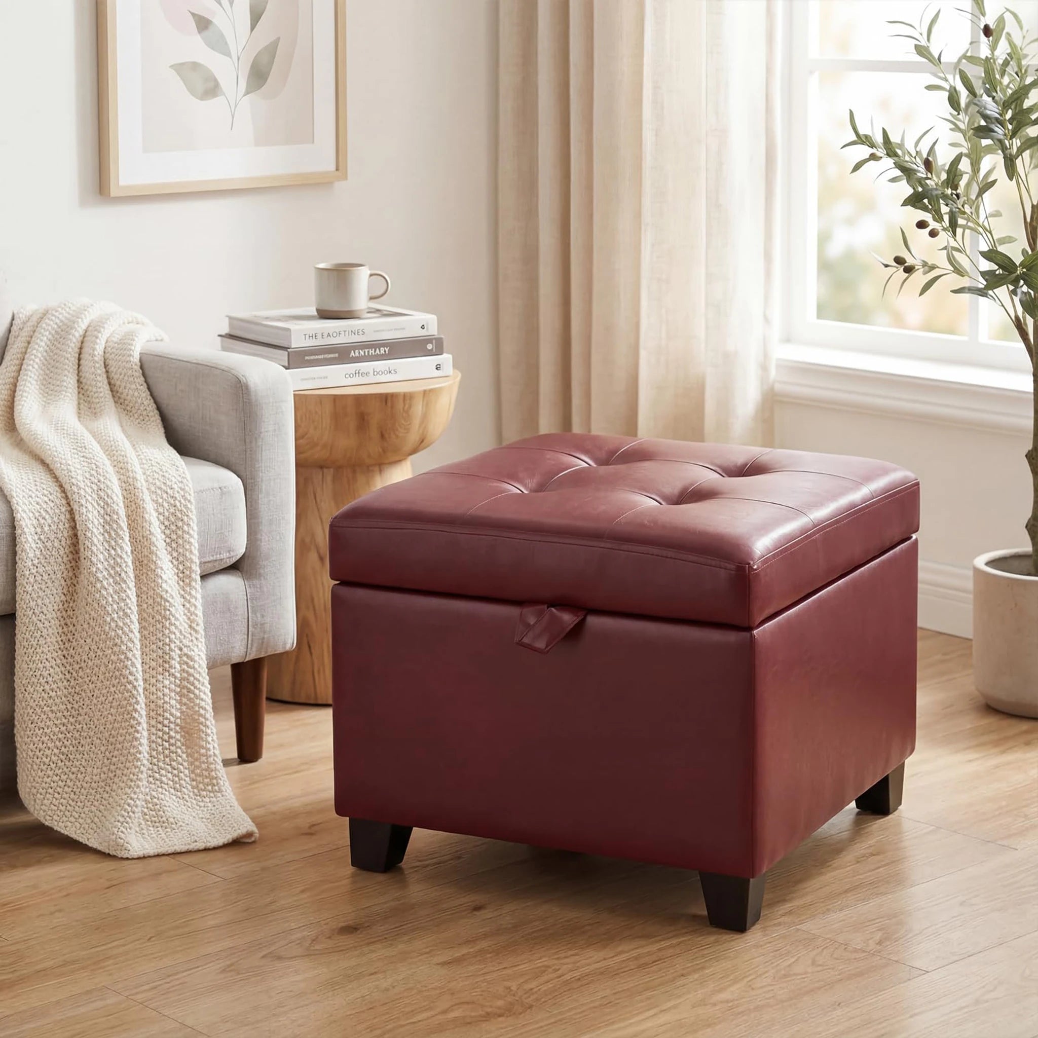 ASense Red Faux Leather Storage Ottoman – lifestyle room view