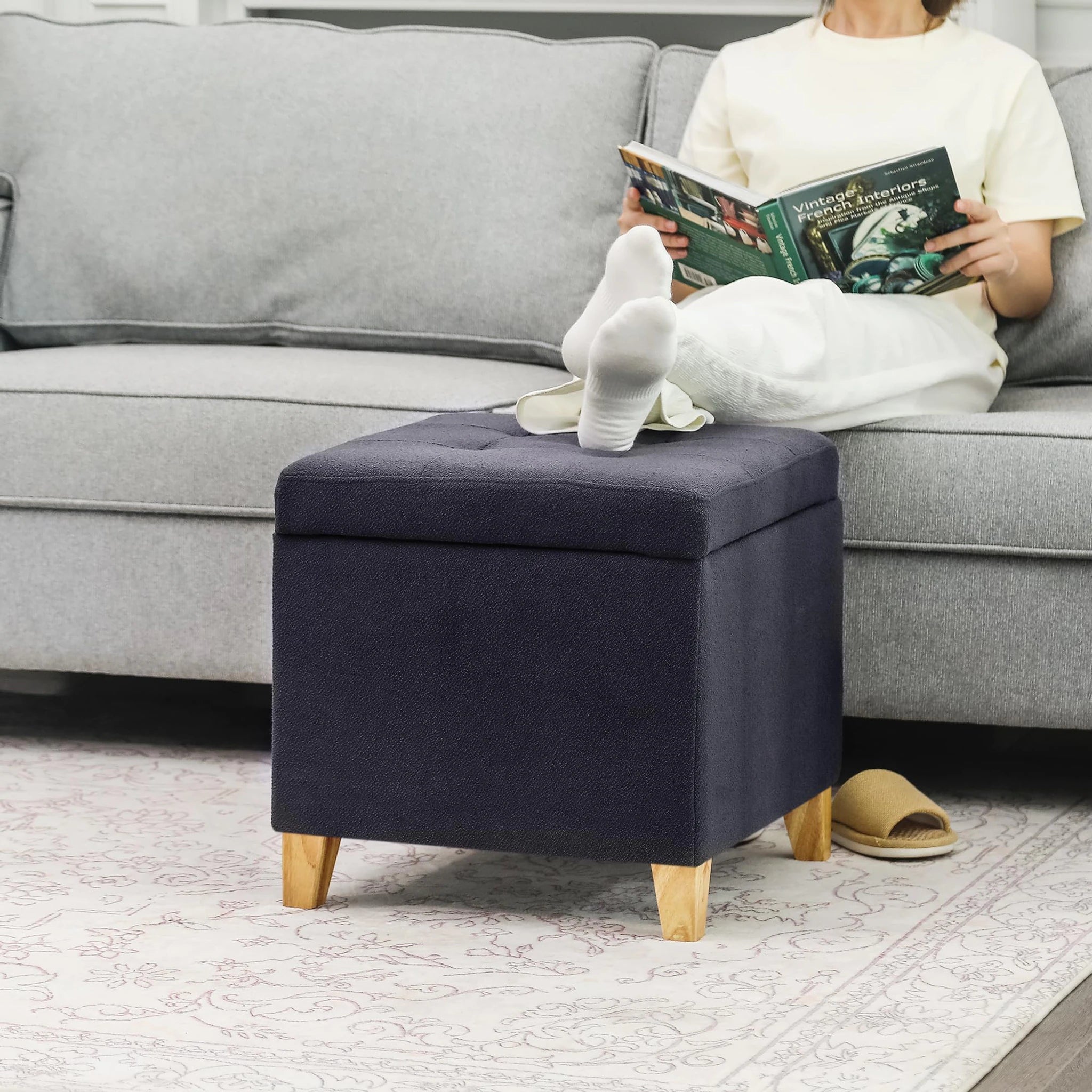 Decent Home Dark Gray Tufted Fabric Storage Ottoman – lifestyle room view