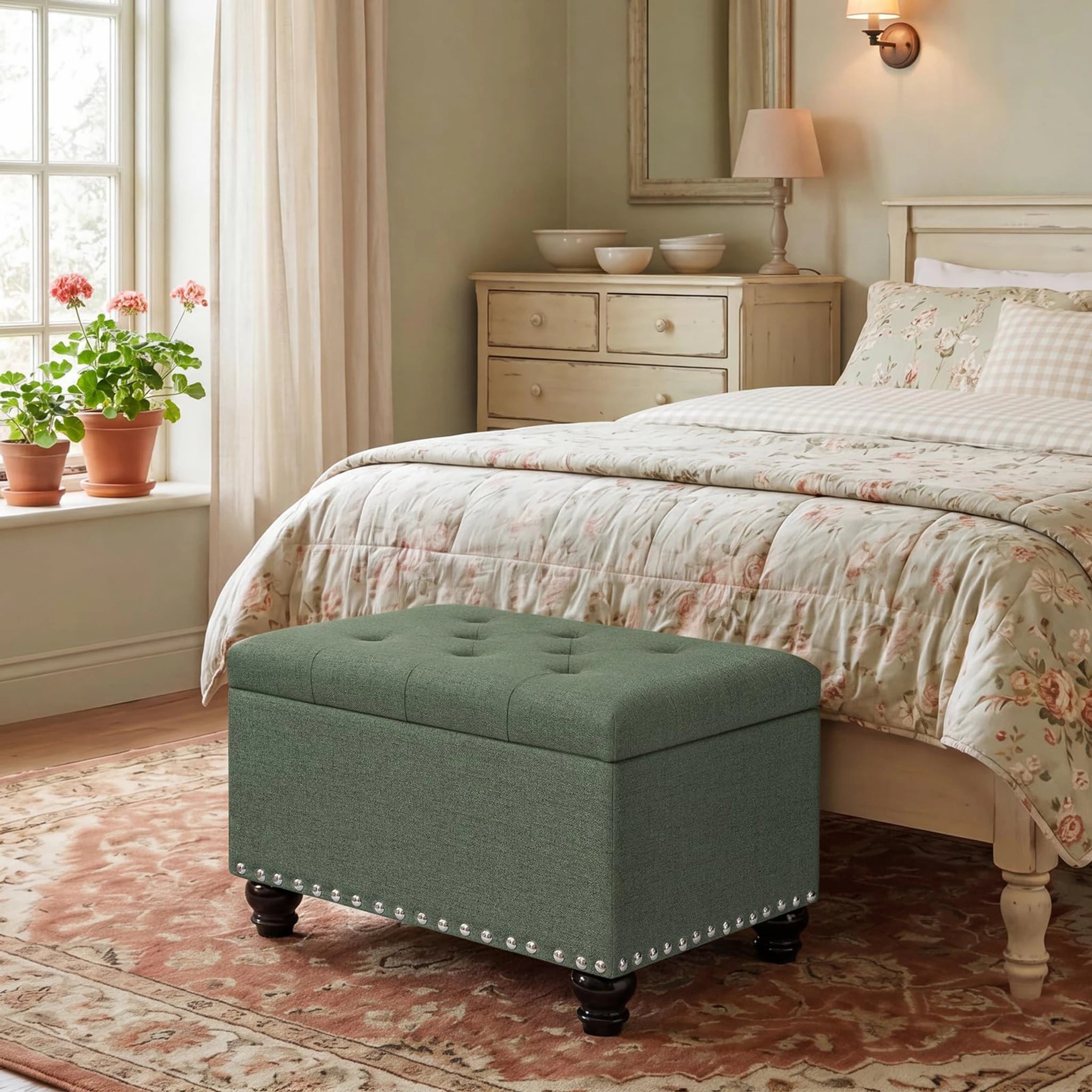 Decent Home Green Tufted Fabric Storage Ottoman – lifestyle room view