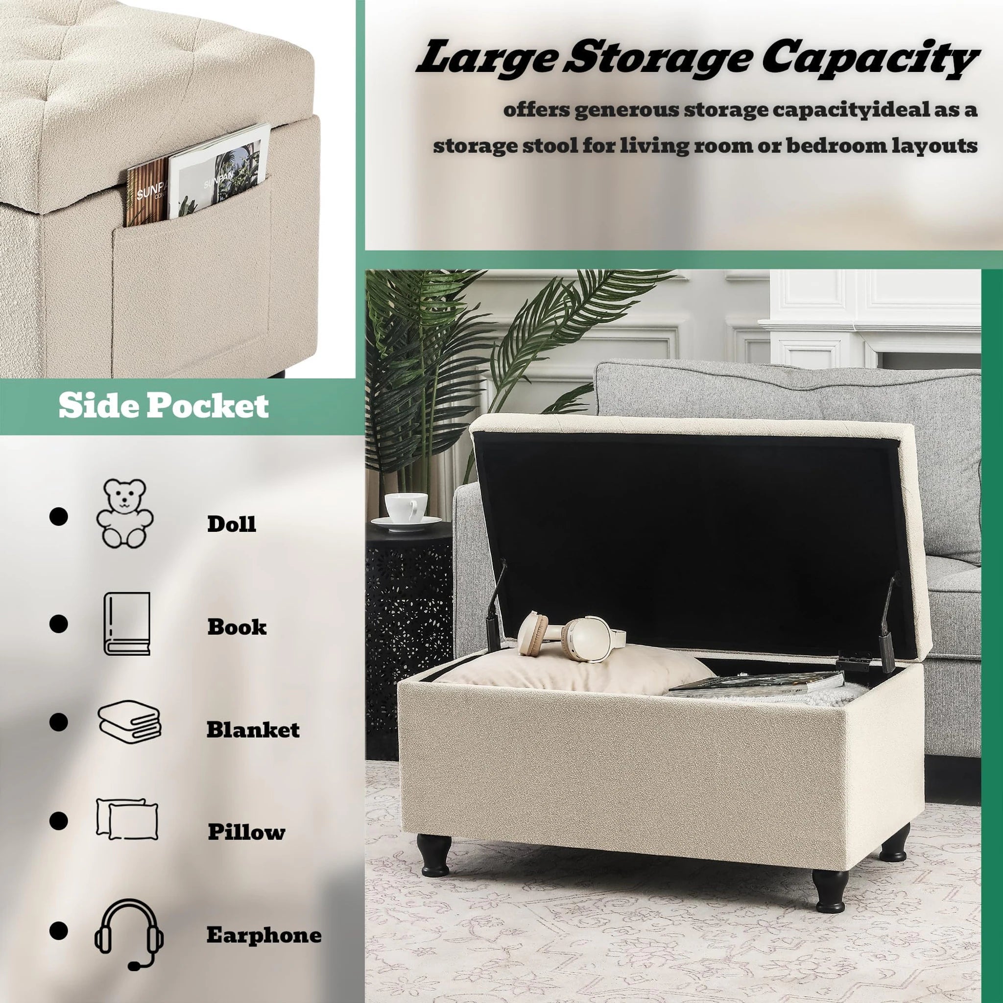 Deco Beige Fabric Storage Ottoman Bench – lifestyle room view