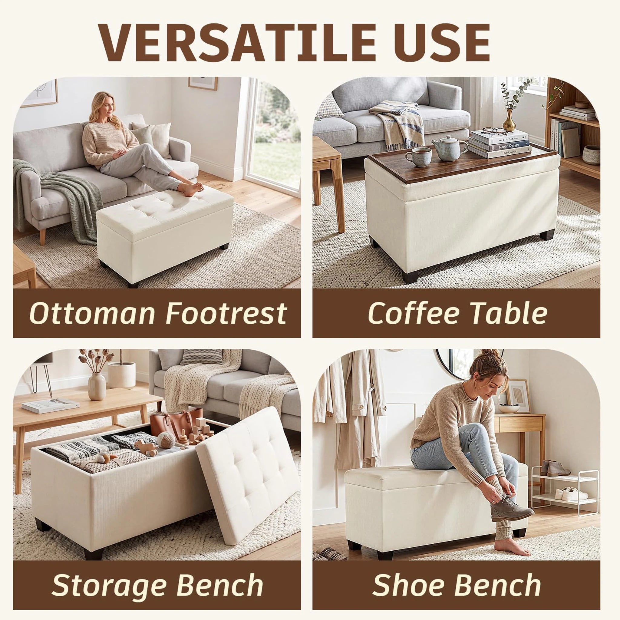 Deco Beige Tray-Top Faux Leather Storage Ottoman – lifestyle room view
