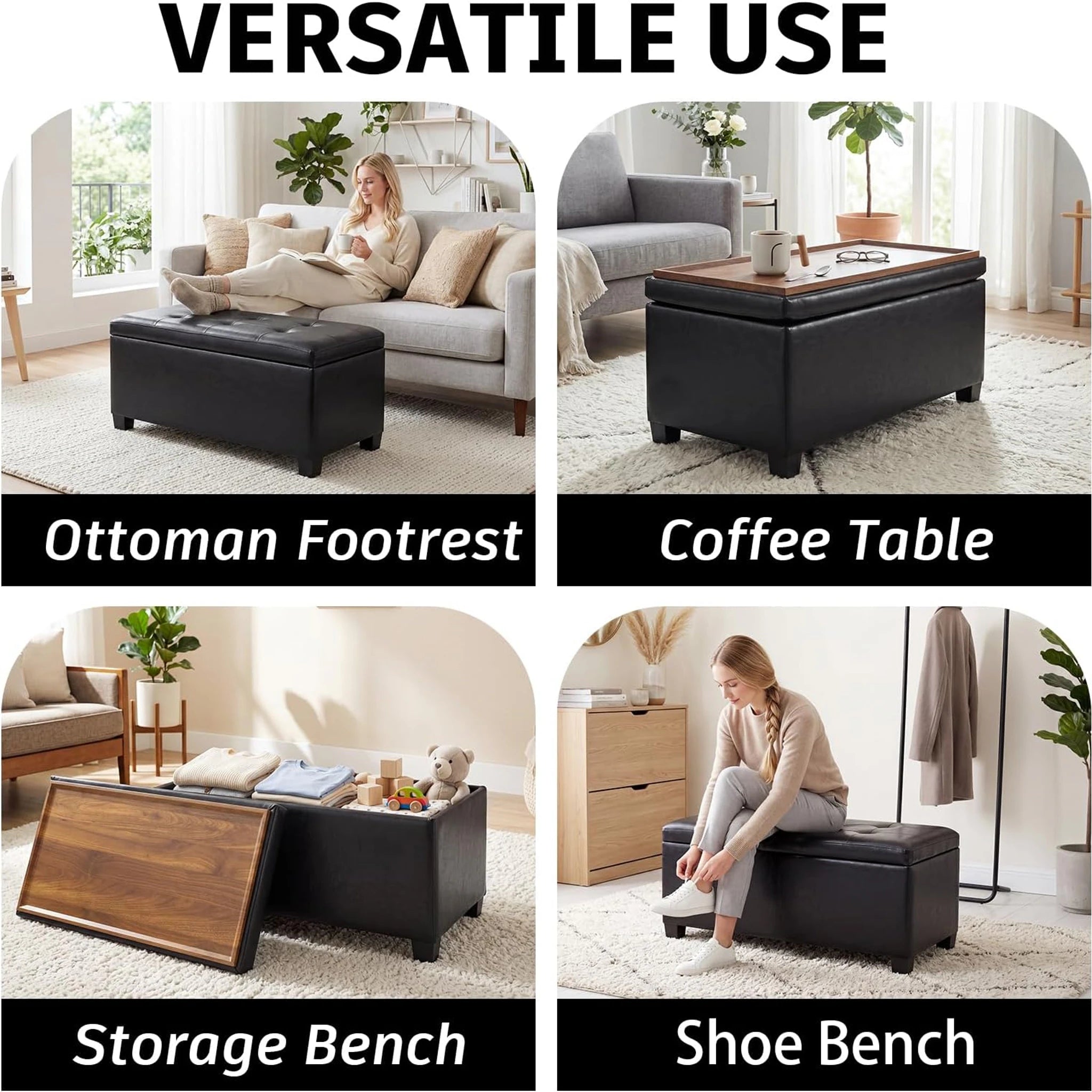 Deco Black Tray-Top Faux Leather Storage Ottoman – lifestyle room view