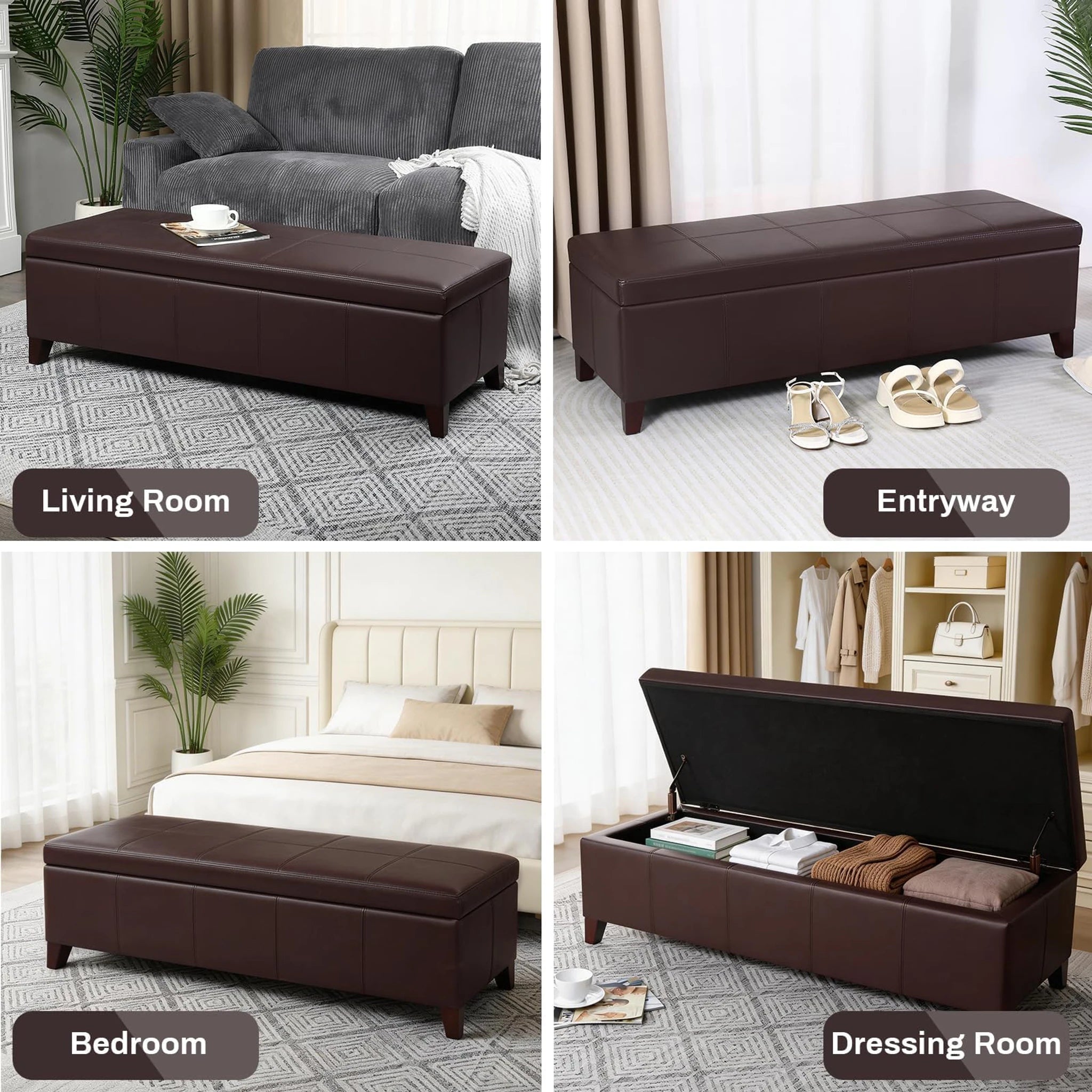 Deco Coffee Brown Tufted Faux Leather Storage Ottoman Bench – lifestyle room view