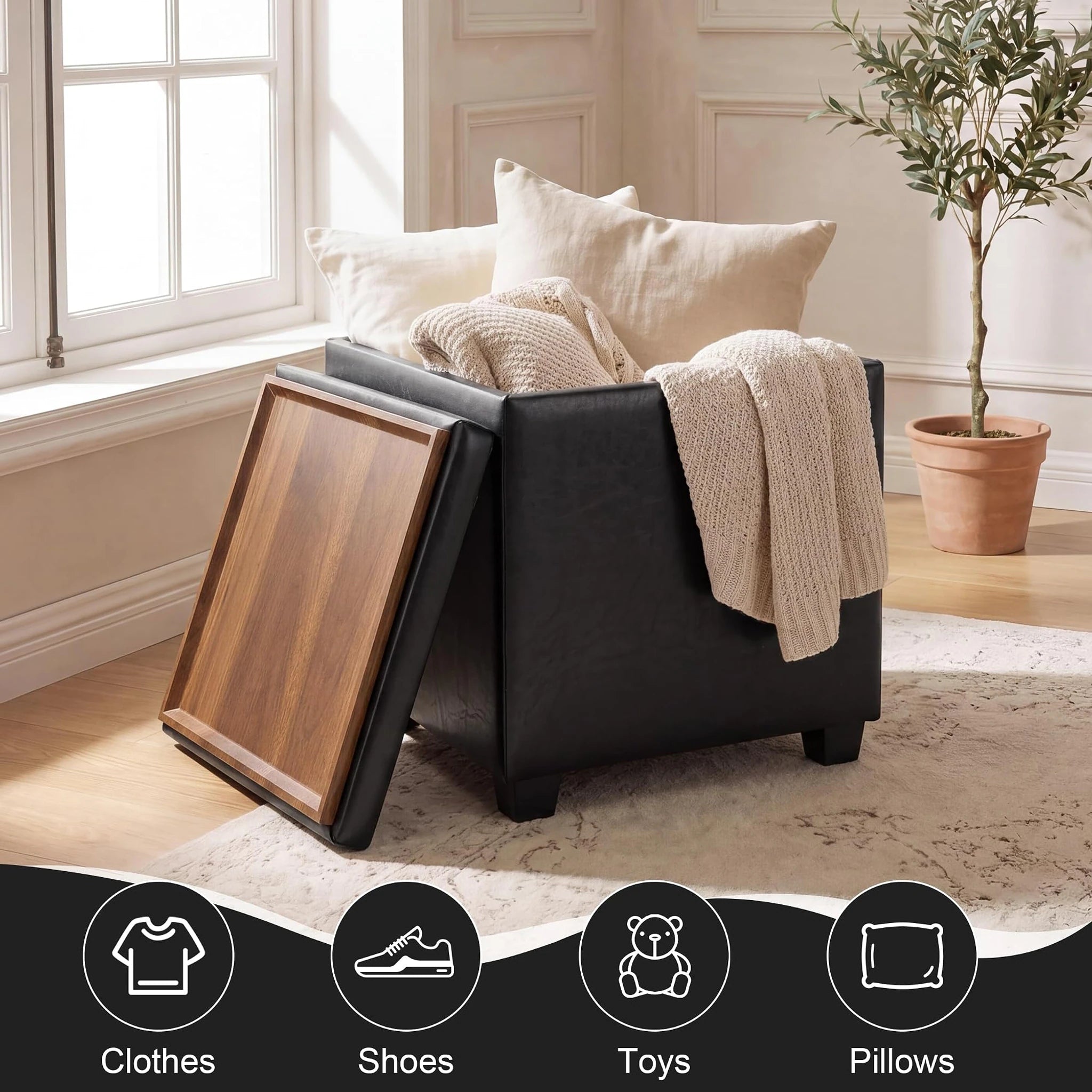 Edeco Black Square Storage Ottoman with Tray Lid – lifestyle room view