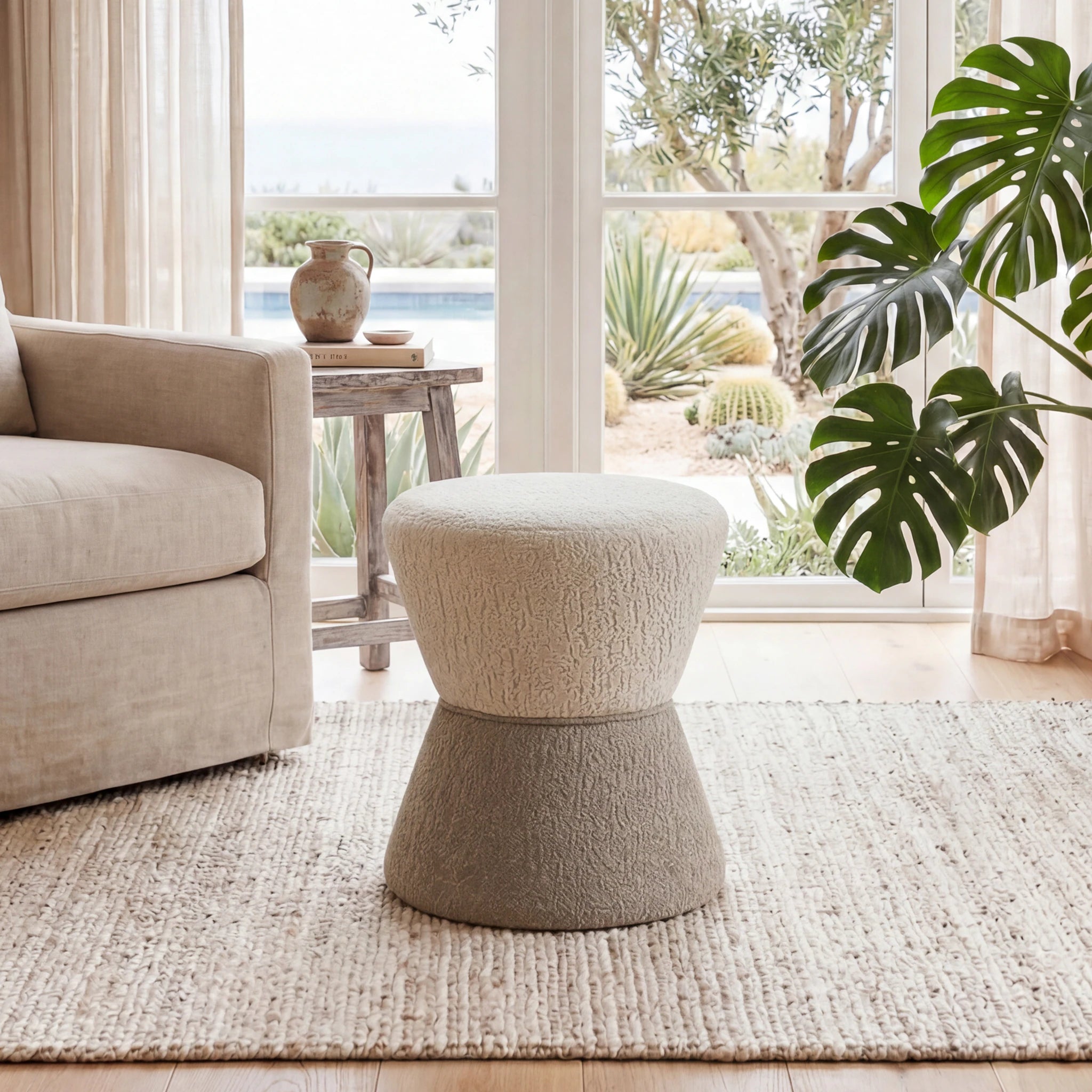 Edeco Camel Fabric Rectangular Footstool – lifestyle room view