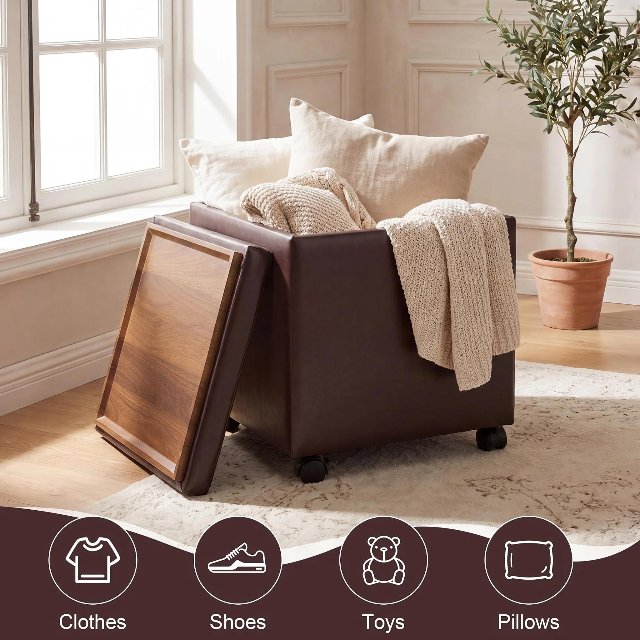 Edeco Reddish Brown Square Storage Ottoman with Tray Lid – lifestyle room view
