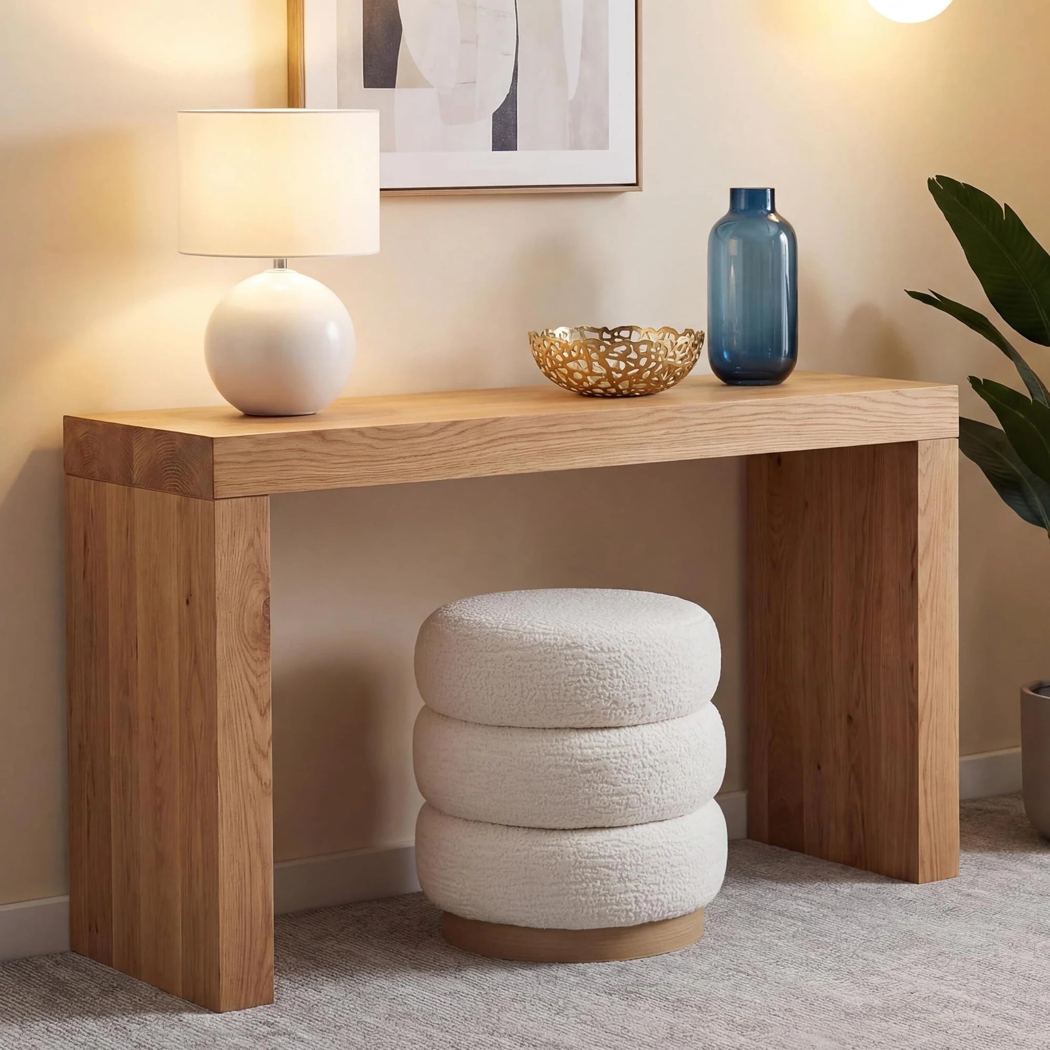 Edeco White Velvet Round Pouf Ottoman – lifestyle room view