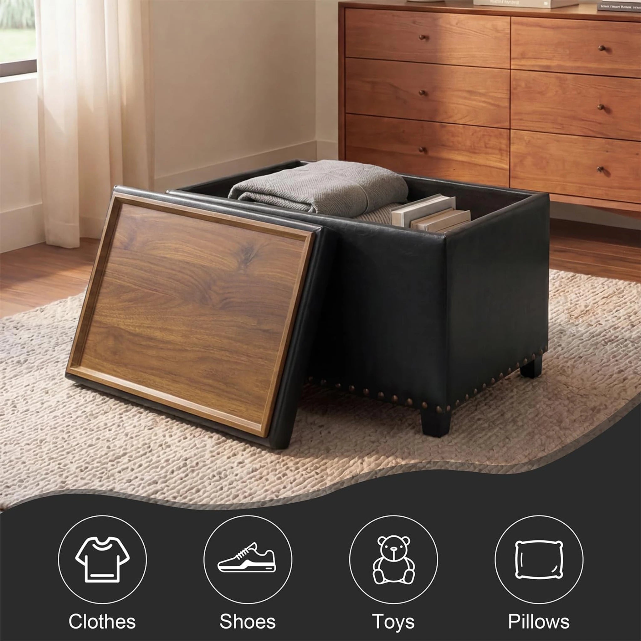 Homebeez Black Tray-Top Tufted Faux Leather Storage Ottoman – lifestyle room view