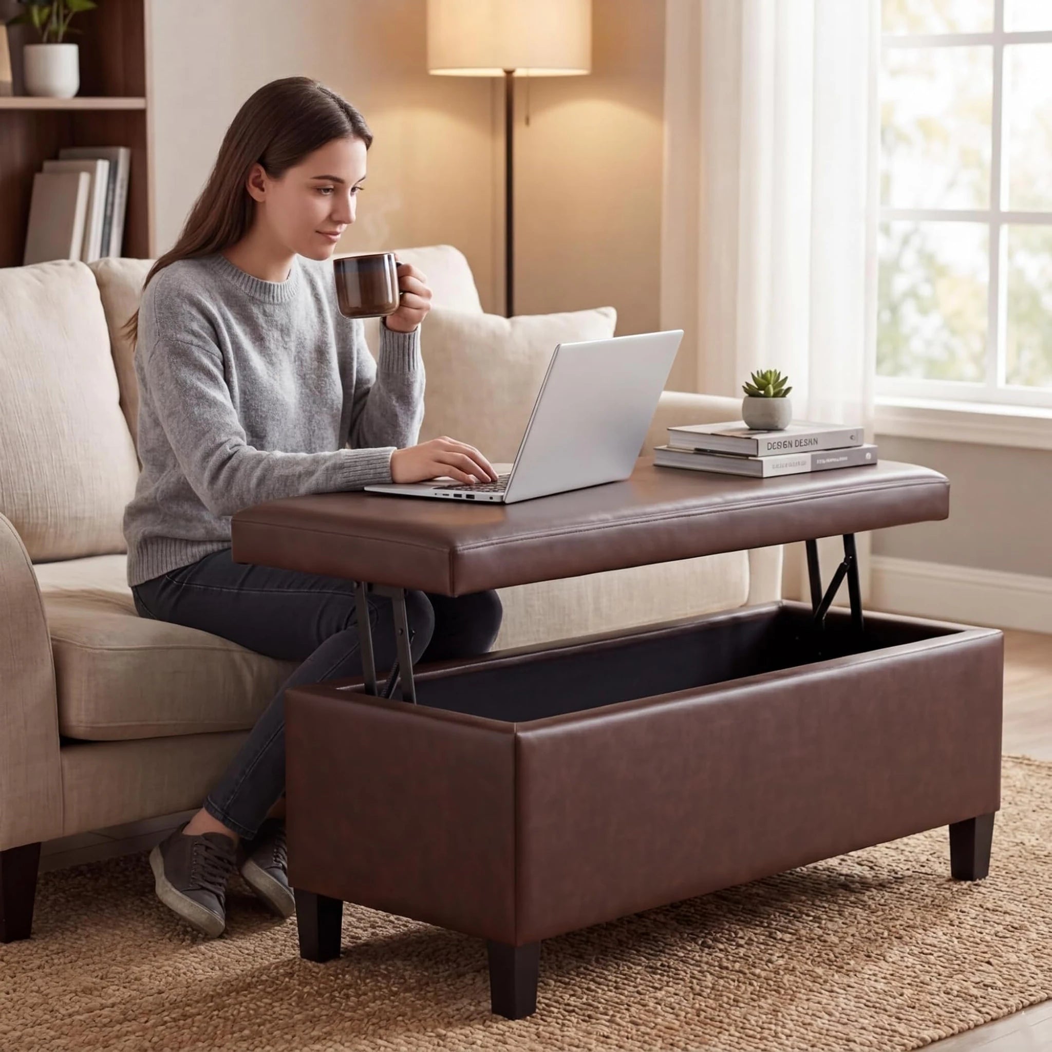 Homebeez Blackened Red Lift-Top Faux Leather Storage Ottoman Bench – lifestyle room view