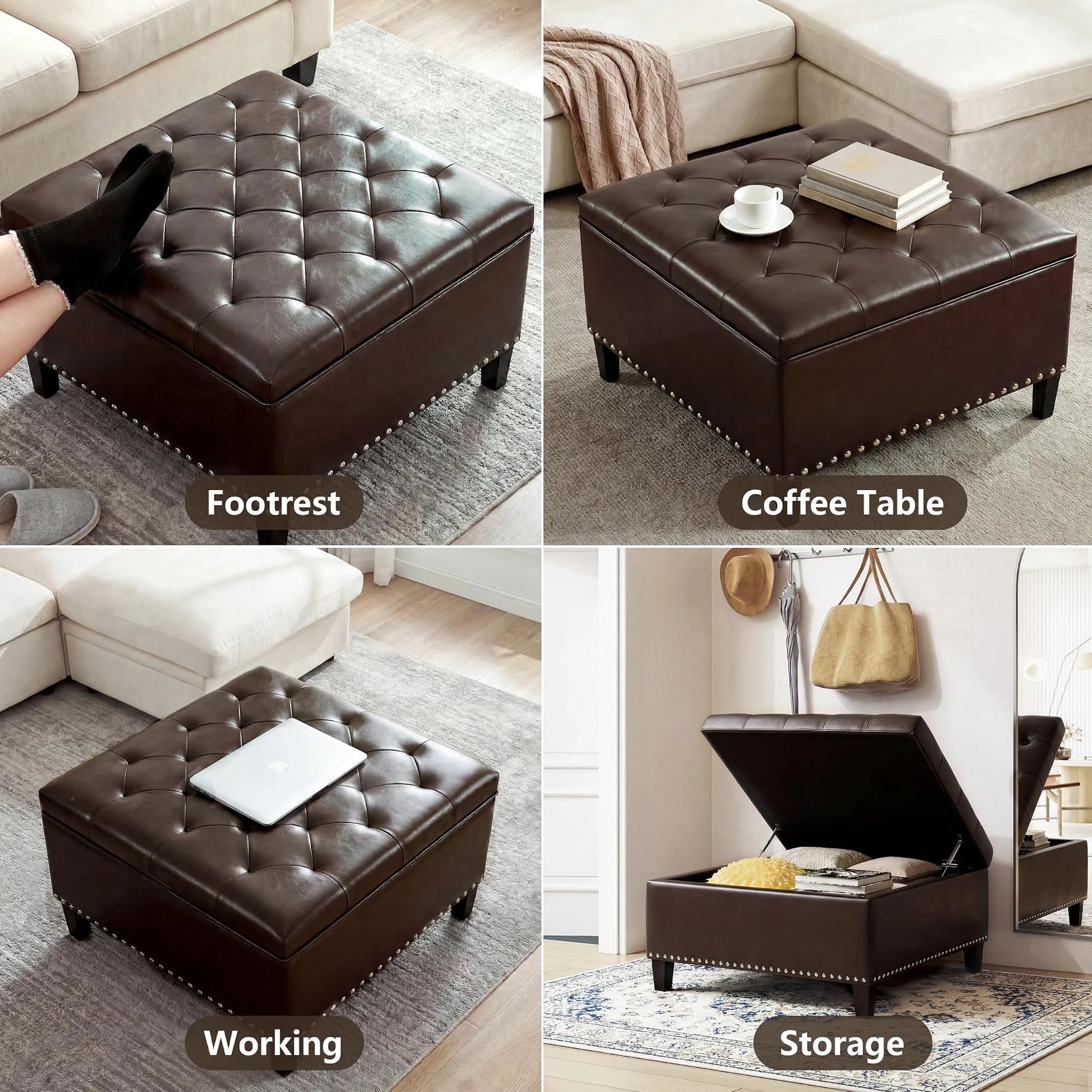 Homebeez Brown Faux Leather Storage Ottoman – lifestyle room view