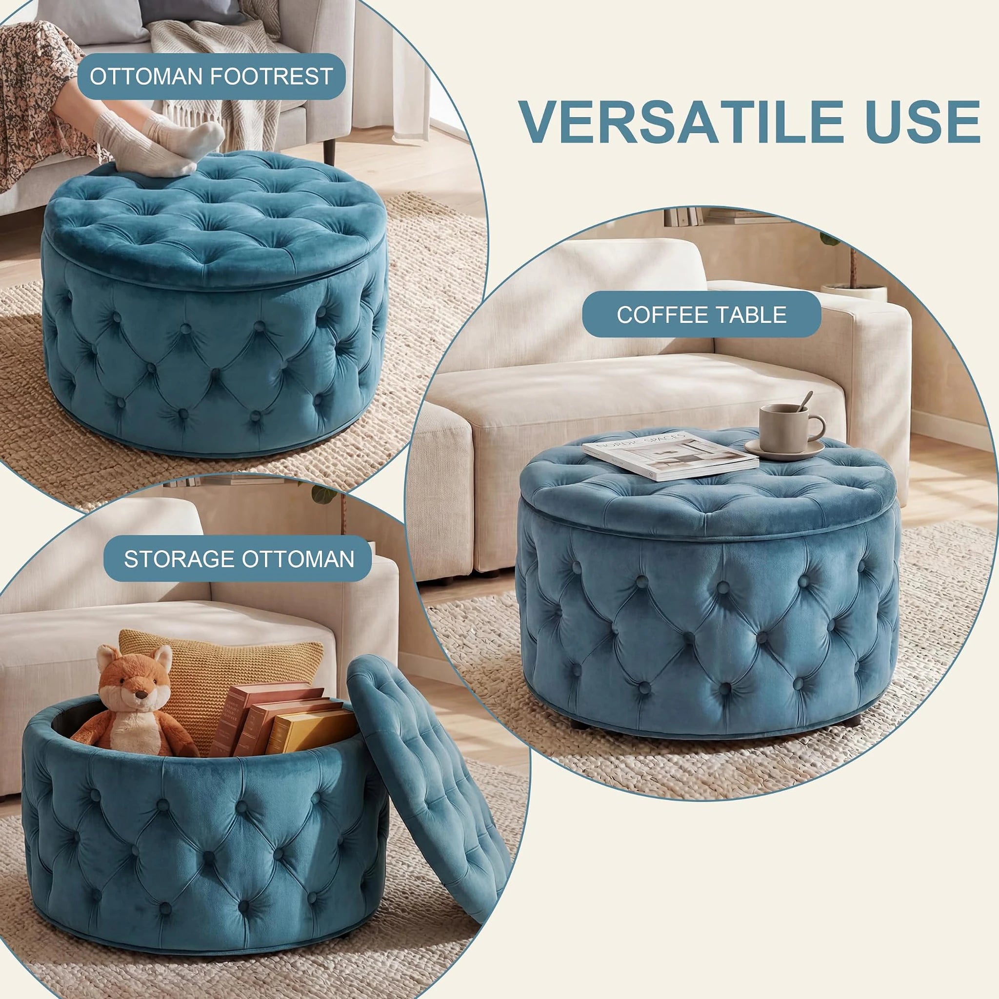 Homebeez Dark Teal Blue Tufted Velvet Round Storage Ottoman – lifestyle room view