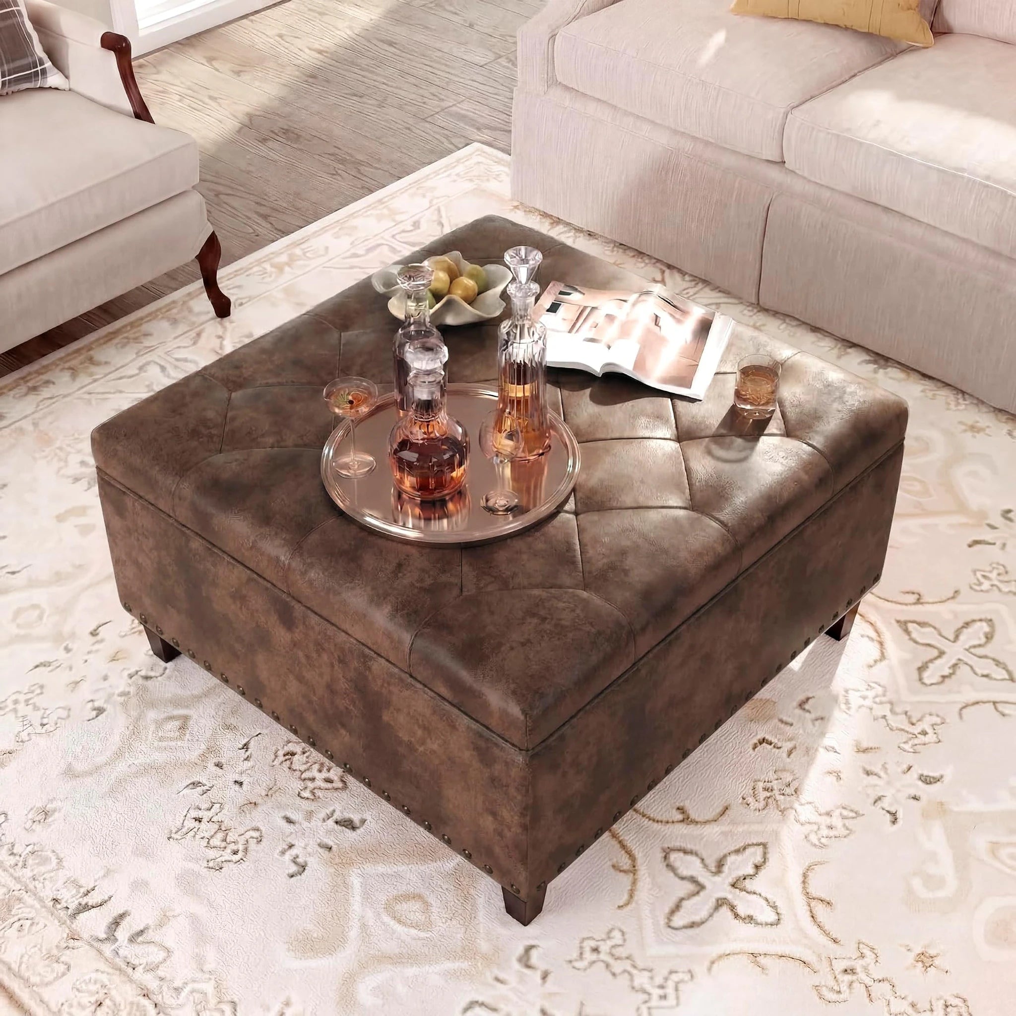 Homebeez Distressed Brown Faux Leather Storage Ottoman – lifestyle room view