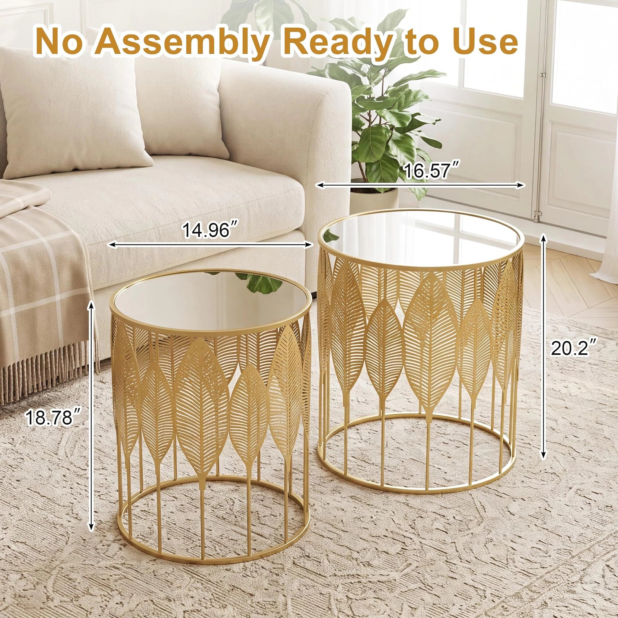 Homebeez Gold Leaf Round Metal Nesting Tables, Set of 2 – dimensions chart