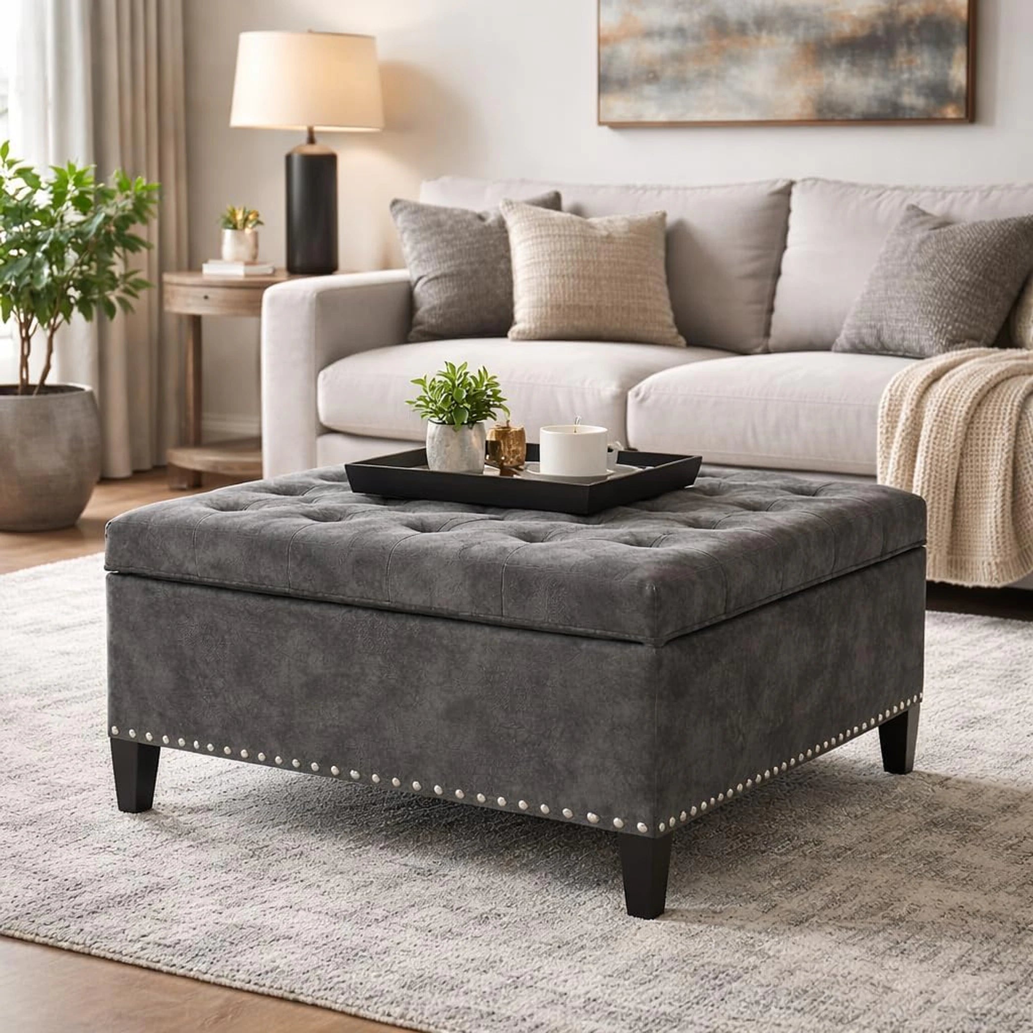 Homebeez Grey Tufted Fabric Storage Ottoman – lifestyle room view