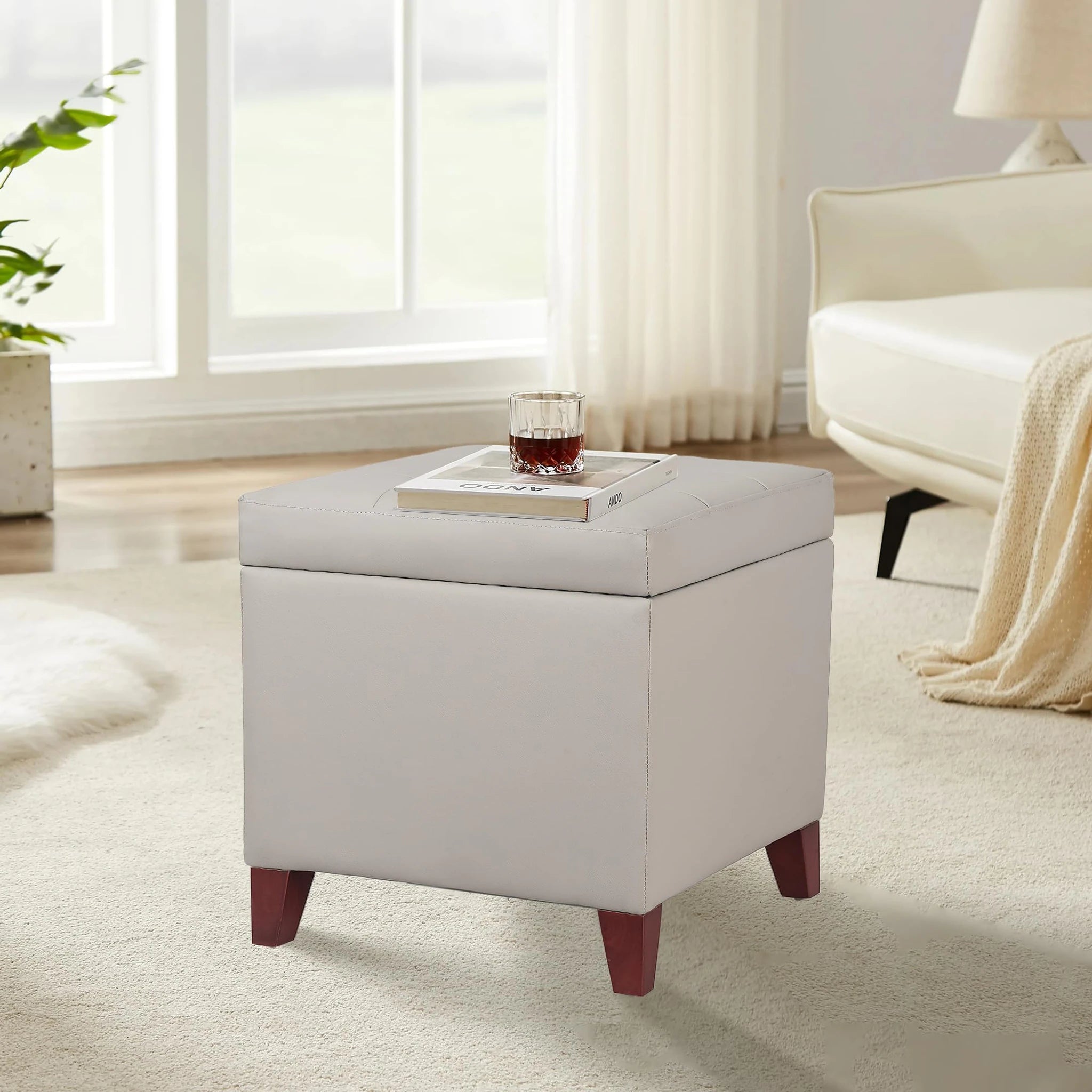 Homebeez Grey Tufted Faux Leather Storage Ottoman – lifestyle room view