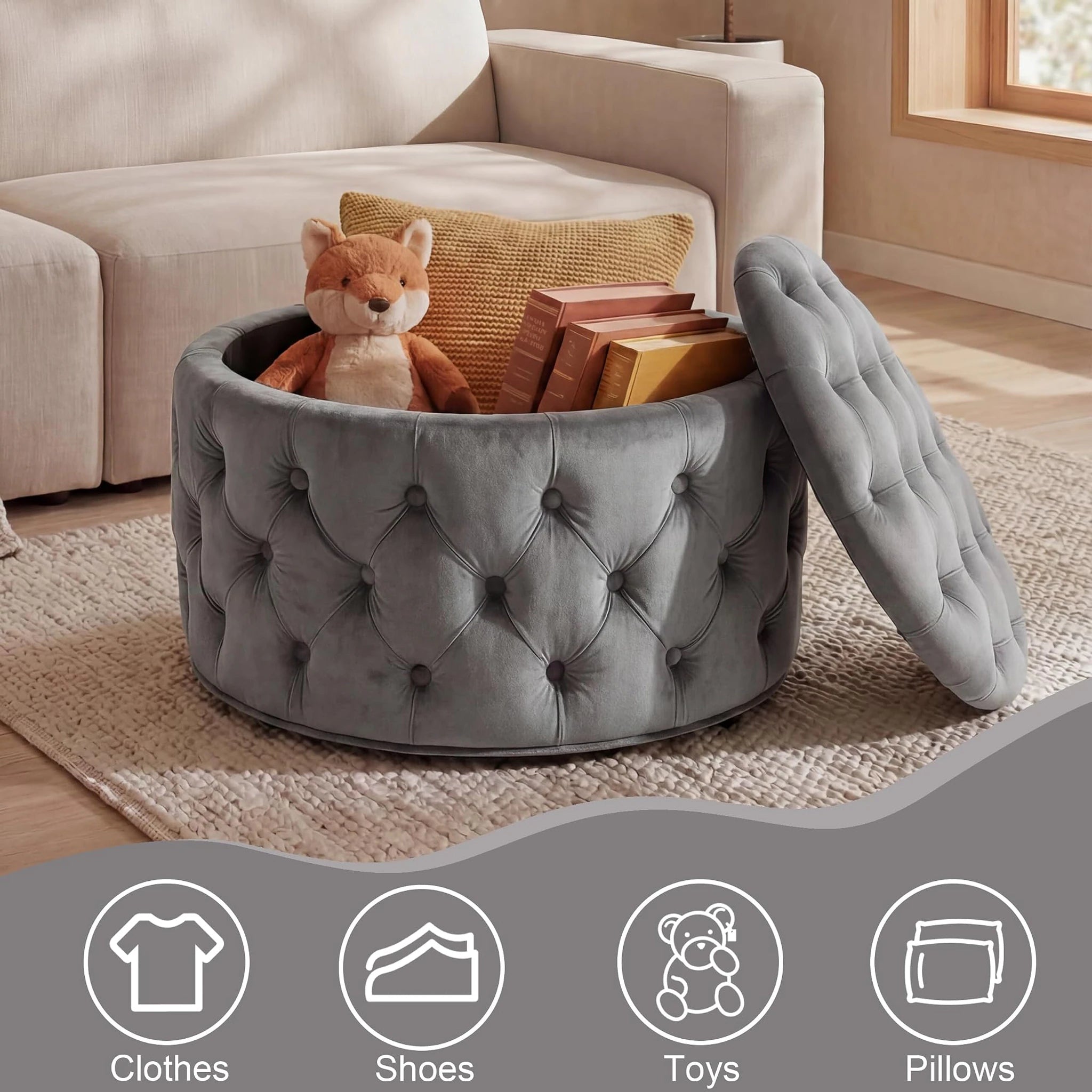 Homebeez Grey Tufted Velvet Round Storage Ottoman – lifestyle room view