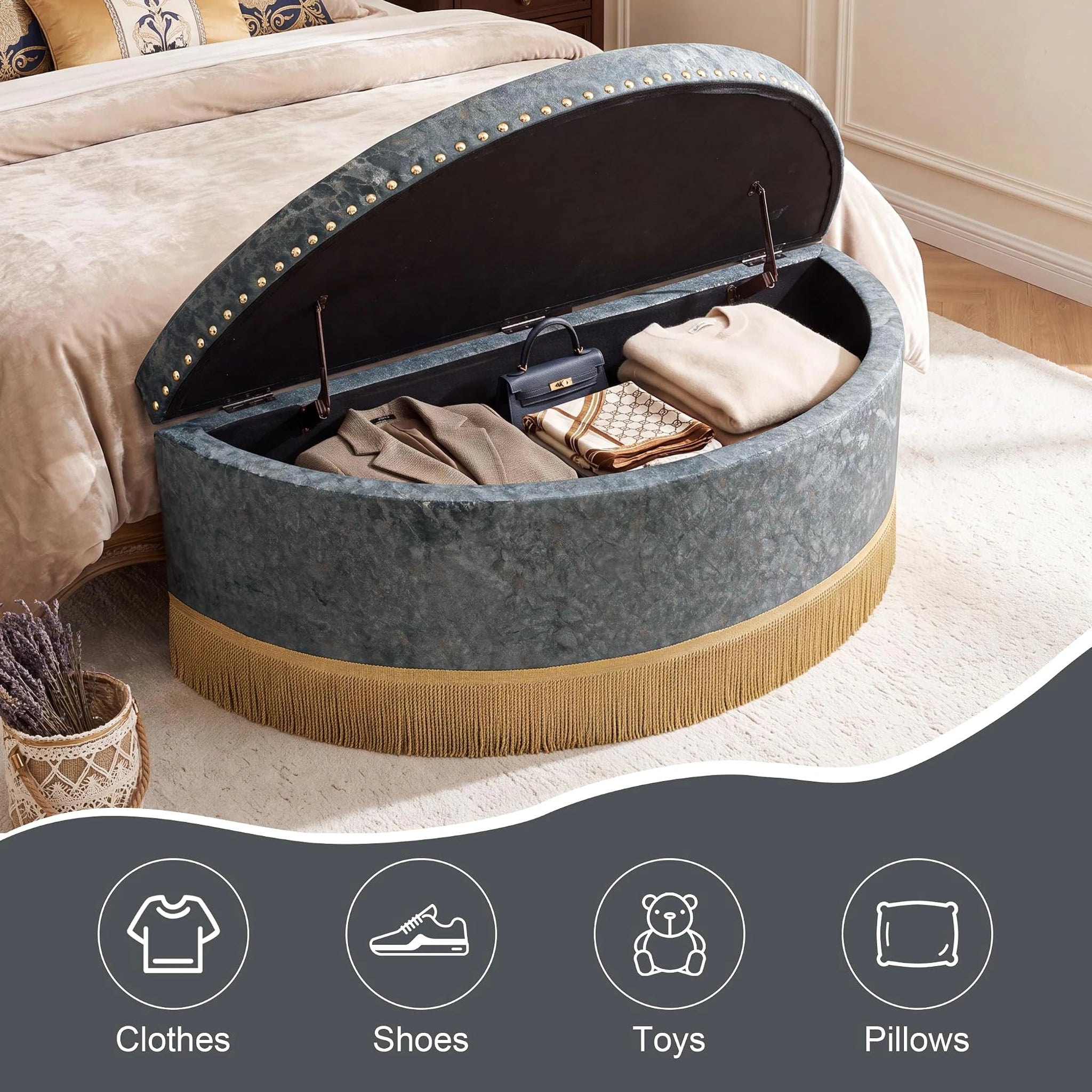 Homebeez Grey With Bullion Fringe Tufted Velvet Storage Ottoman Bench – lifestyle room view