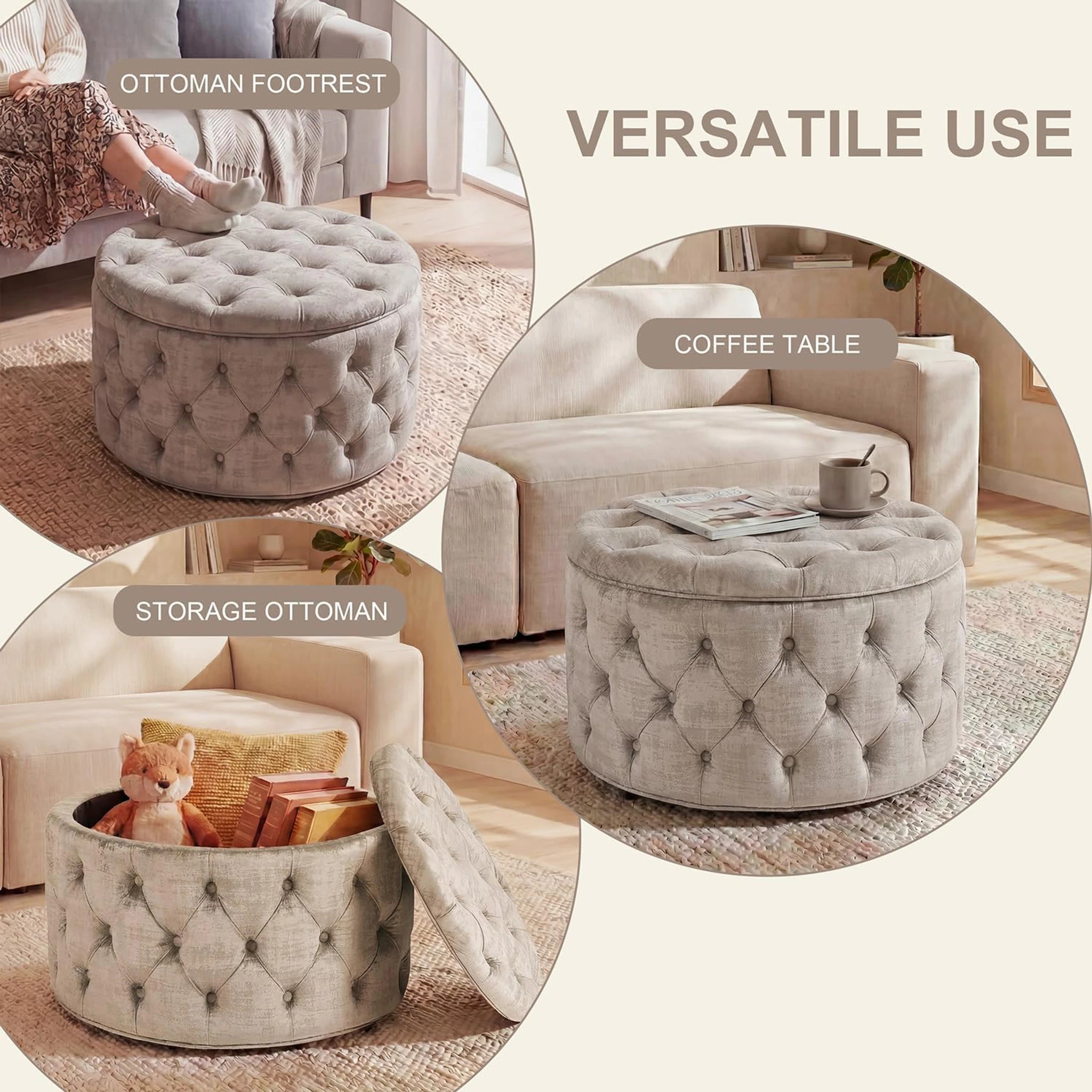 Homebeez Light Grey Tufted Velvet Round Storage Ottoman – lifestyle room view
