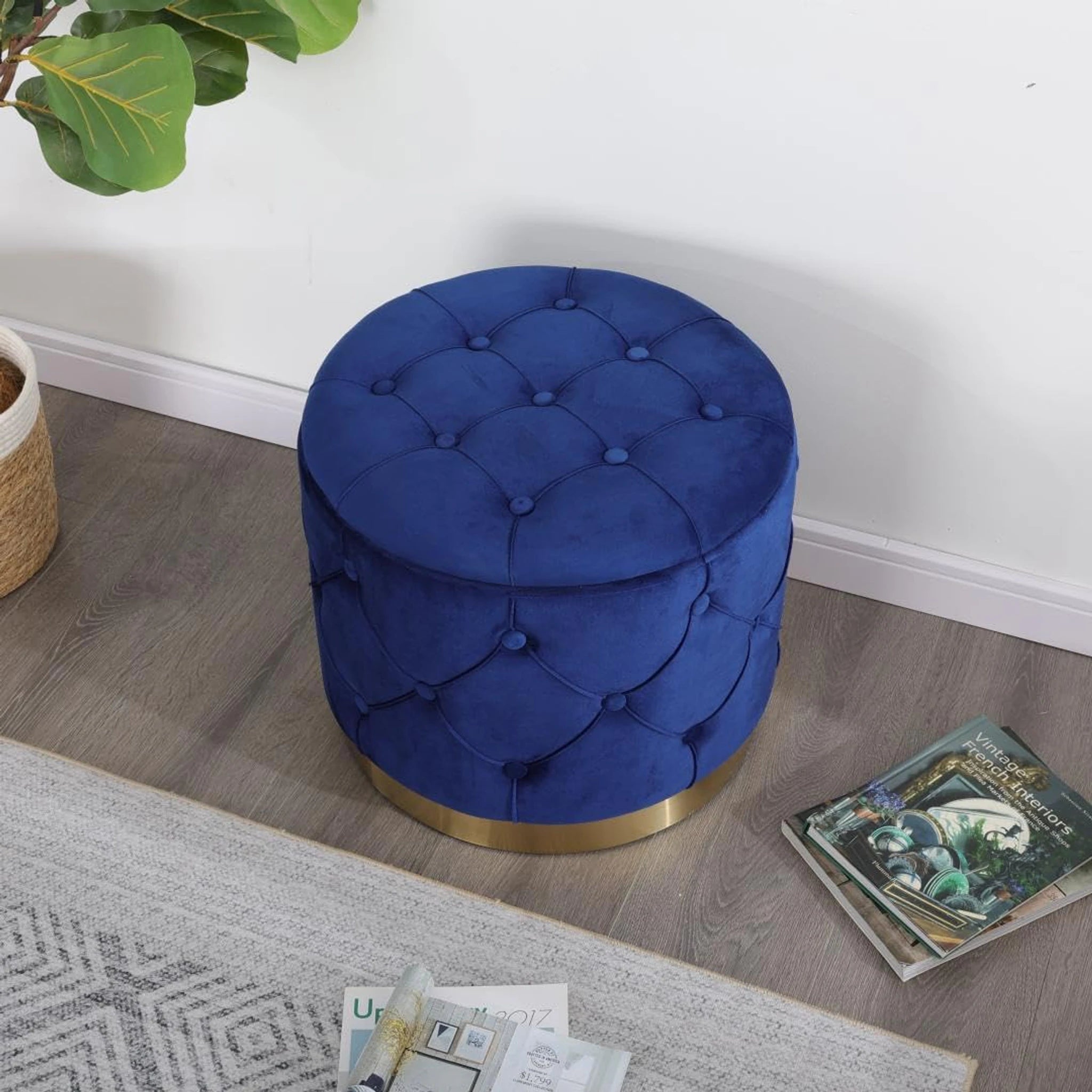 Homebeez Navy Blue Tufted Velvet Round Storage Ottoman – lifestyle room view