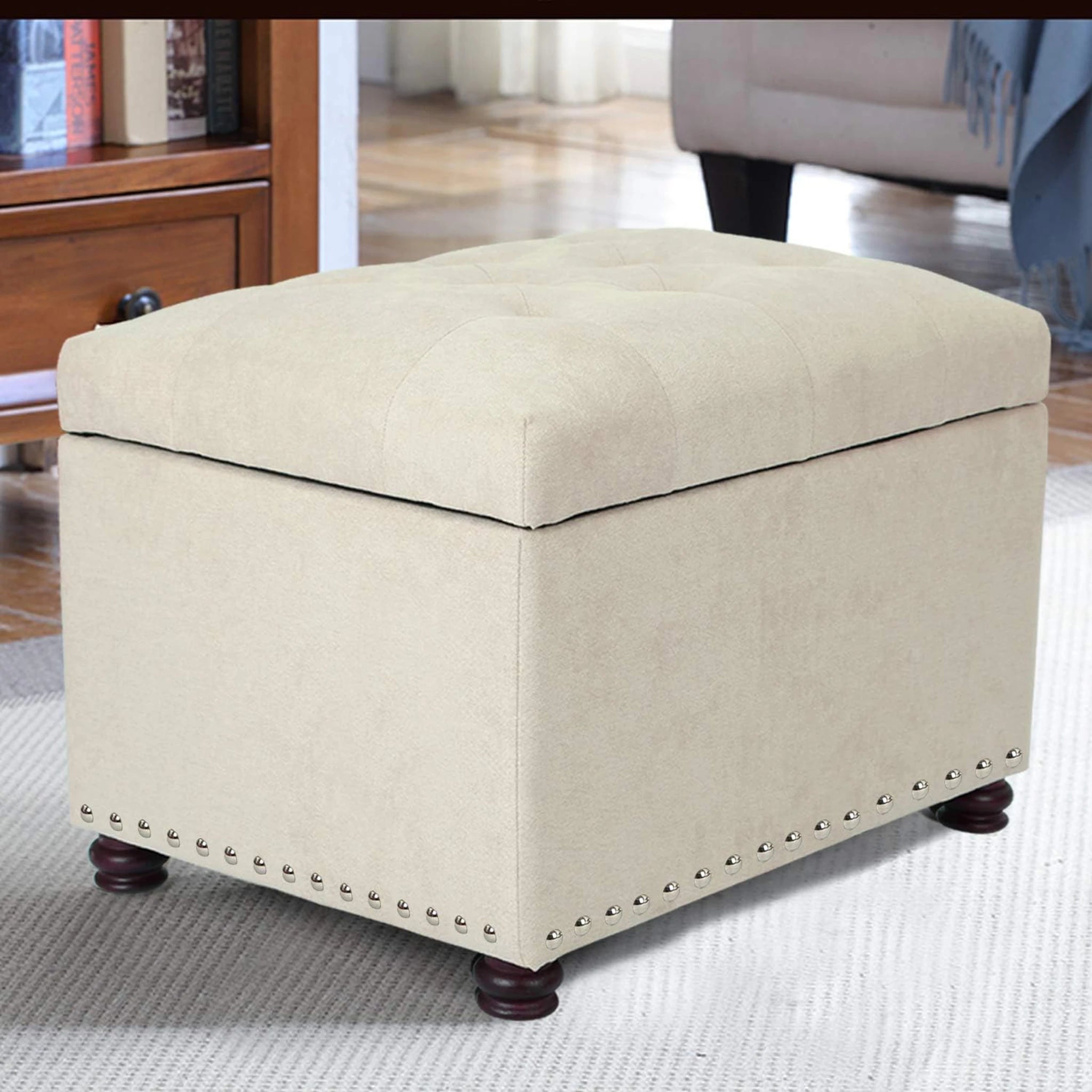Joveco Beige Fabric Storage Ottoman – lifestyle room view