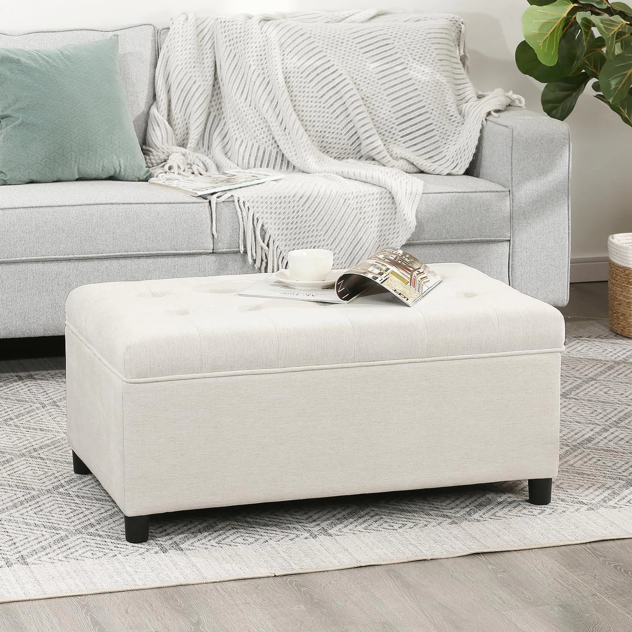 Joveco Beige Lift-Top Linen Storage Ottoman Bench – lifestyle room view