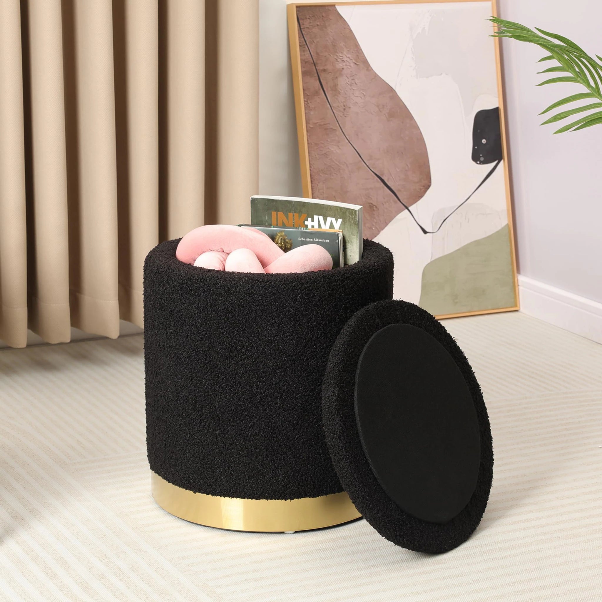 Joveco Black Boucle Round Storage Ottoman – lifestyle room view