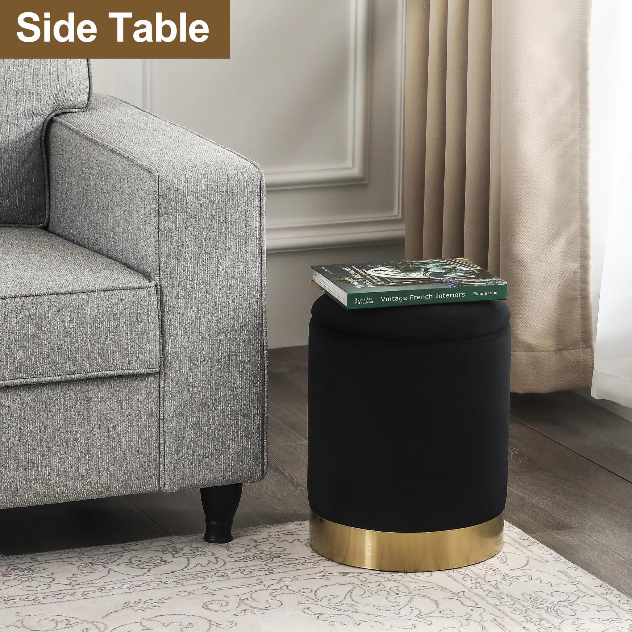 Joveco Black Velvet Round Storage Ottoman – lifestyle room view