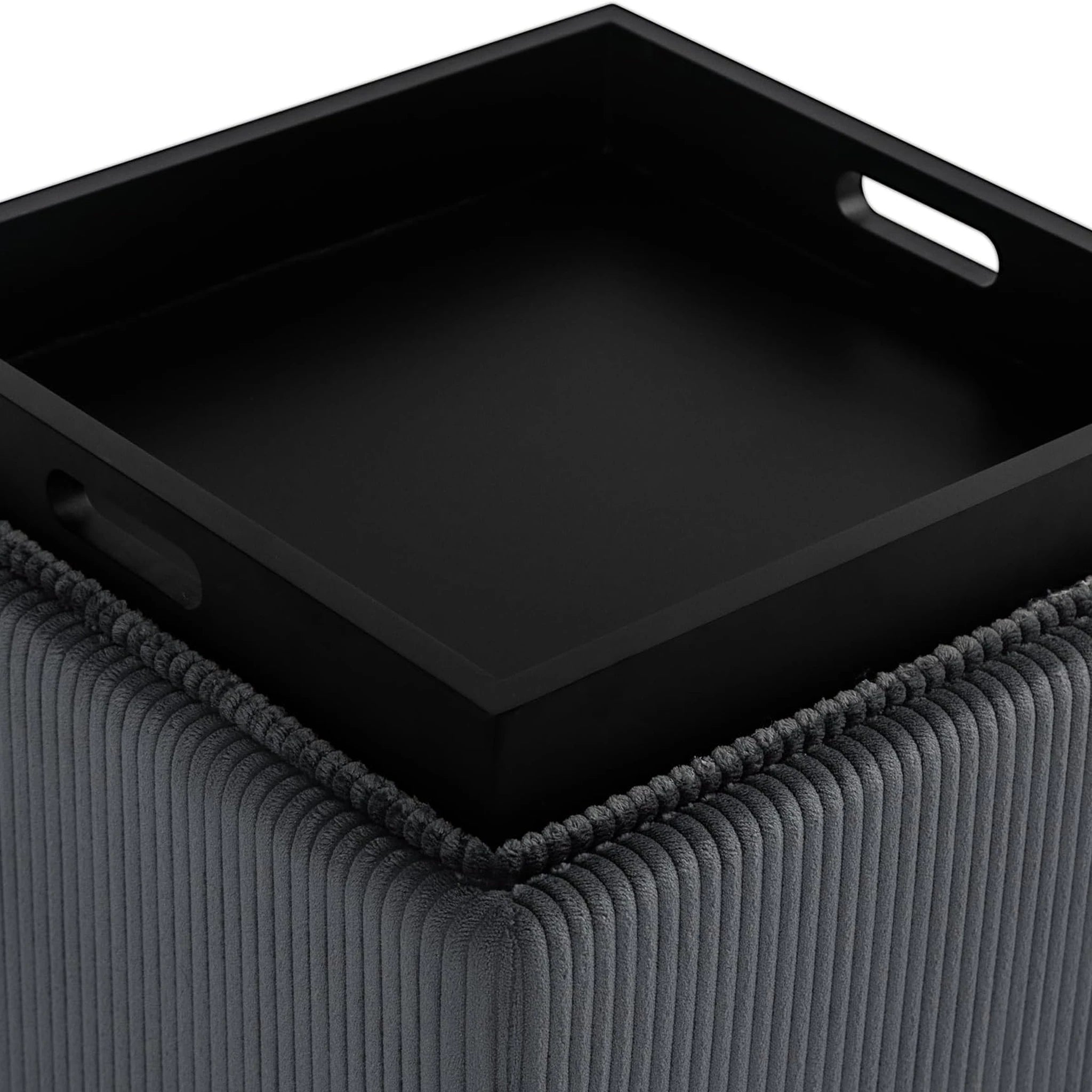 Joveco Dark Gray Tray-Top Linen Square Storage Ottoman – lifestyle room view